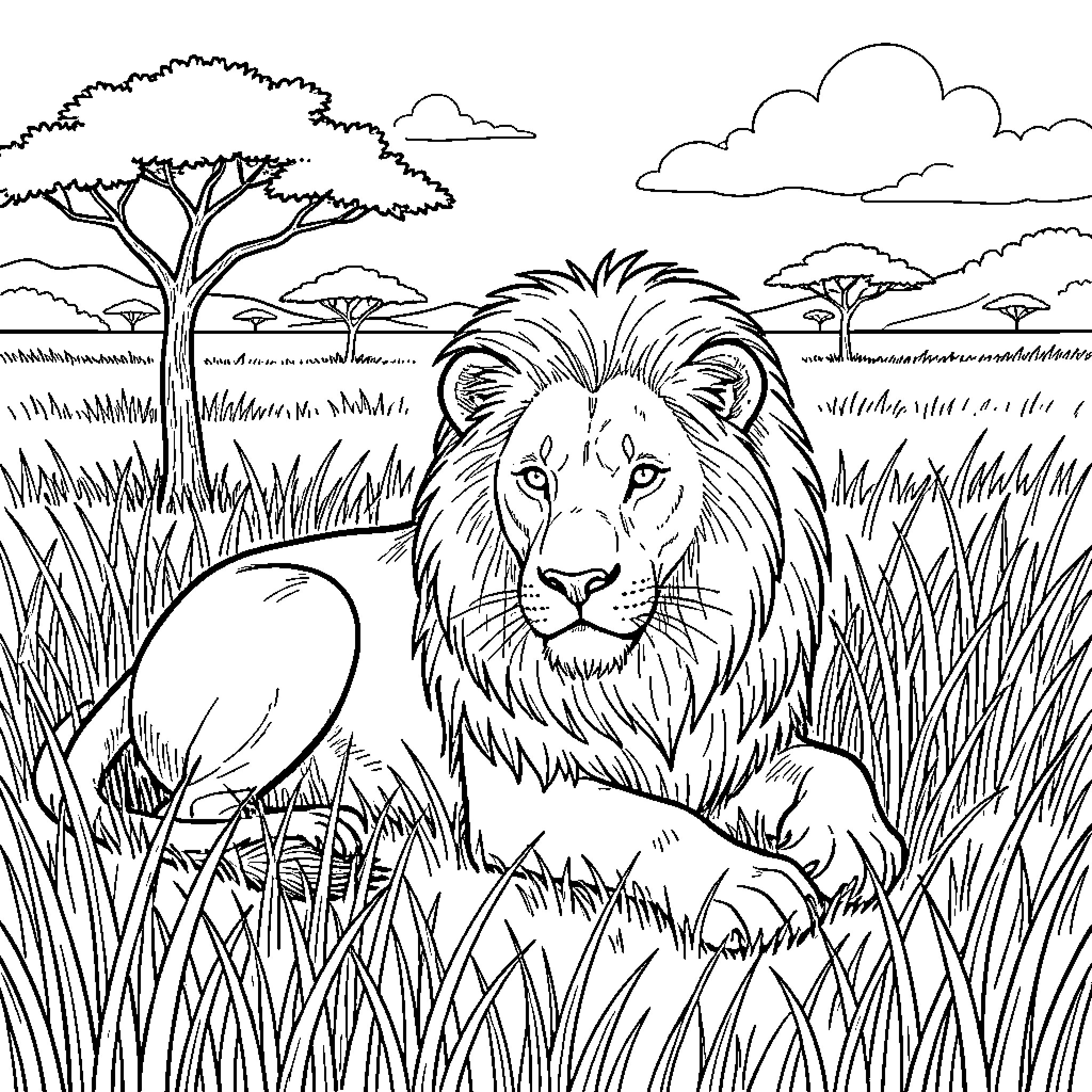 Lion resting peacefully in the savanna landscape Coloring Page (free black-and-white line drawing printable PDF for all, from beginners to advanced learners, including children, teens, adults, and seniors)