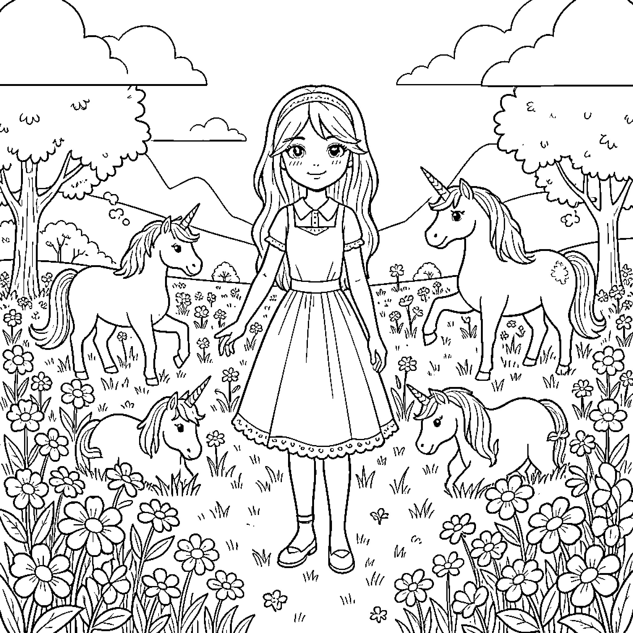 Brianna's Enchanting Unicorn Adventure Coloring Page (free black-and-white line drawing printable PDF for all, from beginners to advanced learners, including children, teens, adults, and seniors)