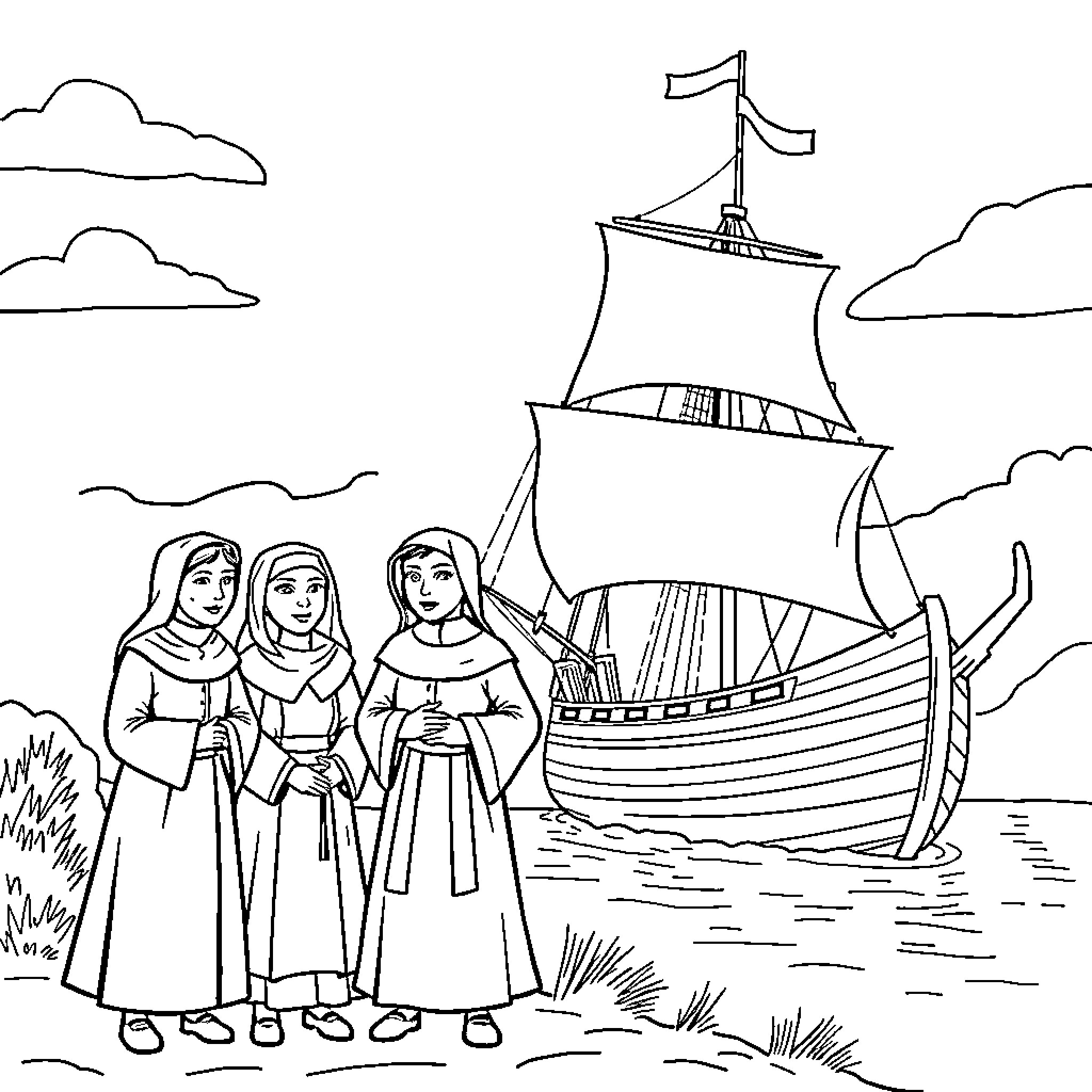 Pilgrim women watching a ship sail in the distance Coloring Page (free black-and-white line drawing printable PDF for all, from beginners to advanced learners, including children, teens, adults, and seniors)