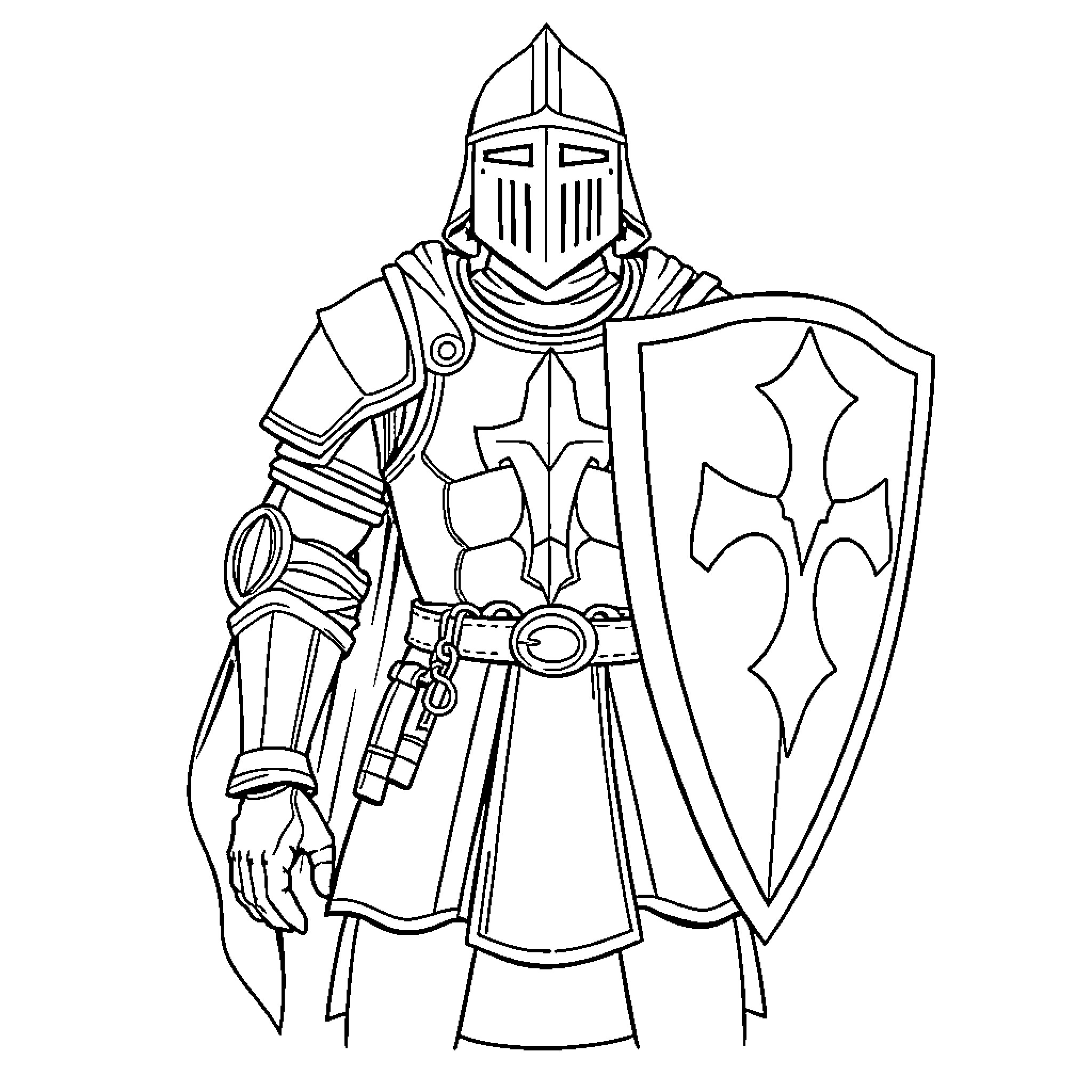 Armor-clad Knight with Shield and Sword Coloring Page (free black-and-white line drawing printable PDF for all, from beginners to advanced learners, including children, teens, adults, and seniors)