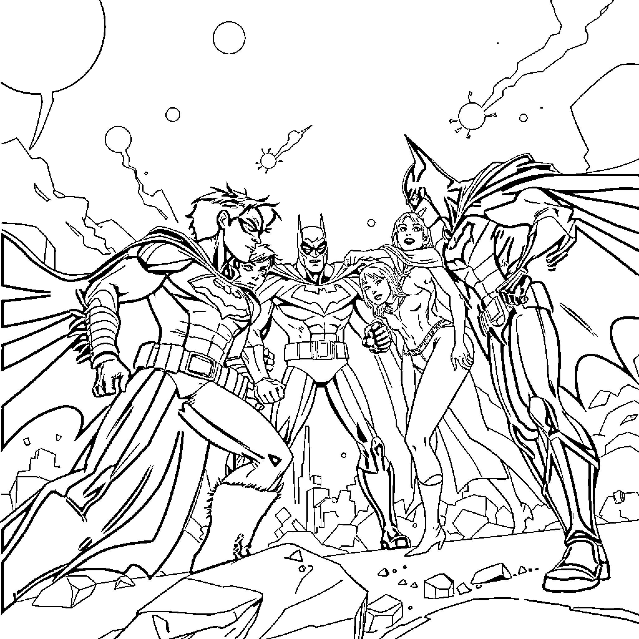 Teen Titans Assemble for Action-Packed Adventure Coloring Page (free black-and-white line drawing printable PDF for all, from beginners to advanced learners, including children, teens, adults, and seniors)