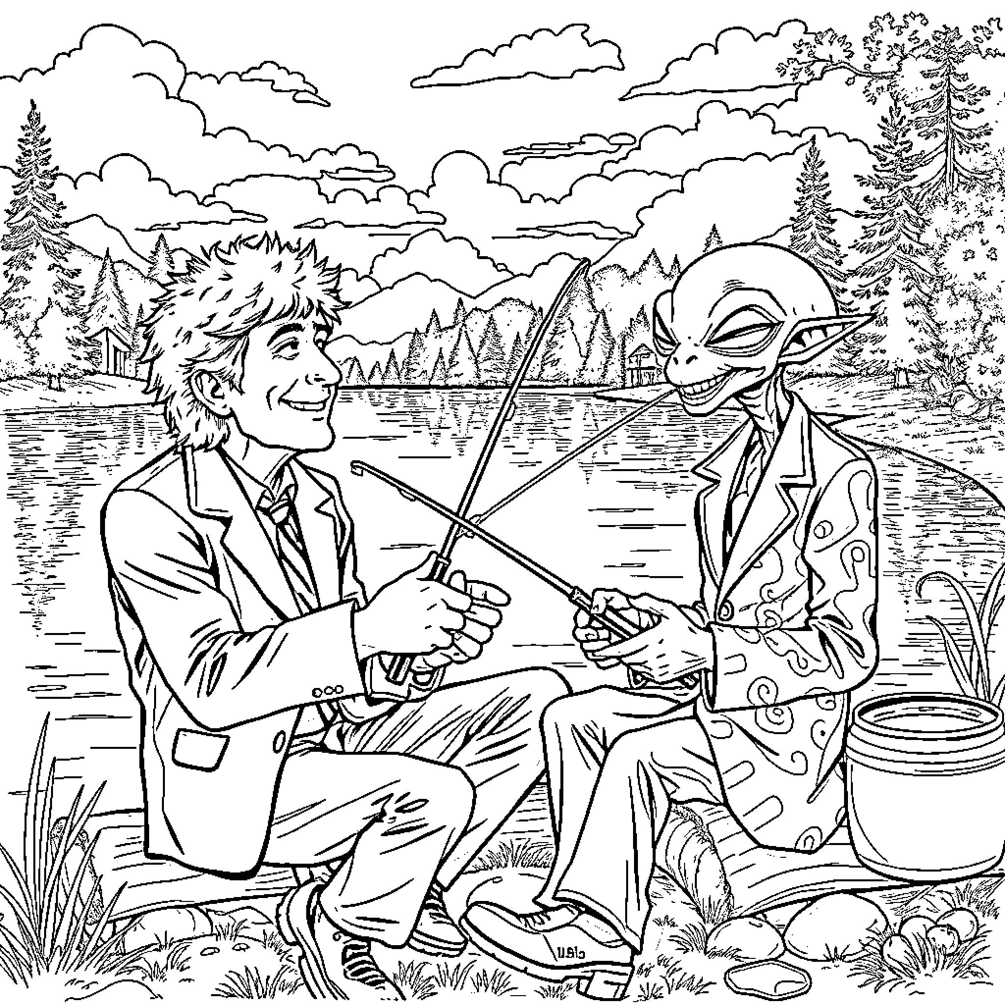 Bob Dylan fishing with a mystical companion Coloring Page (free black-and-white line drawing printable PDF for all, from beginners to advanced learners, including children, teens, adults, and seniors)
