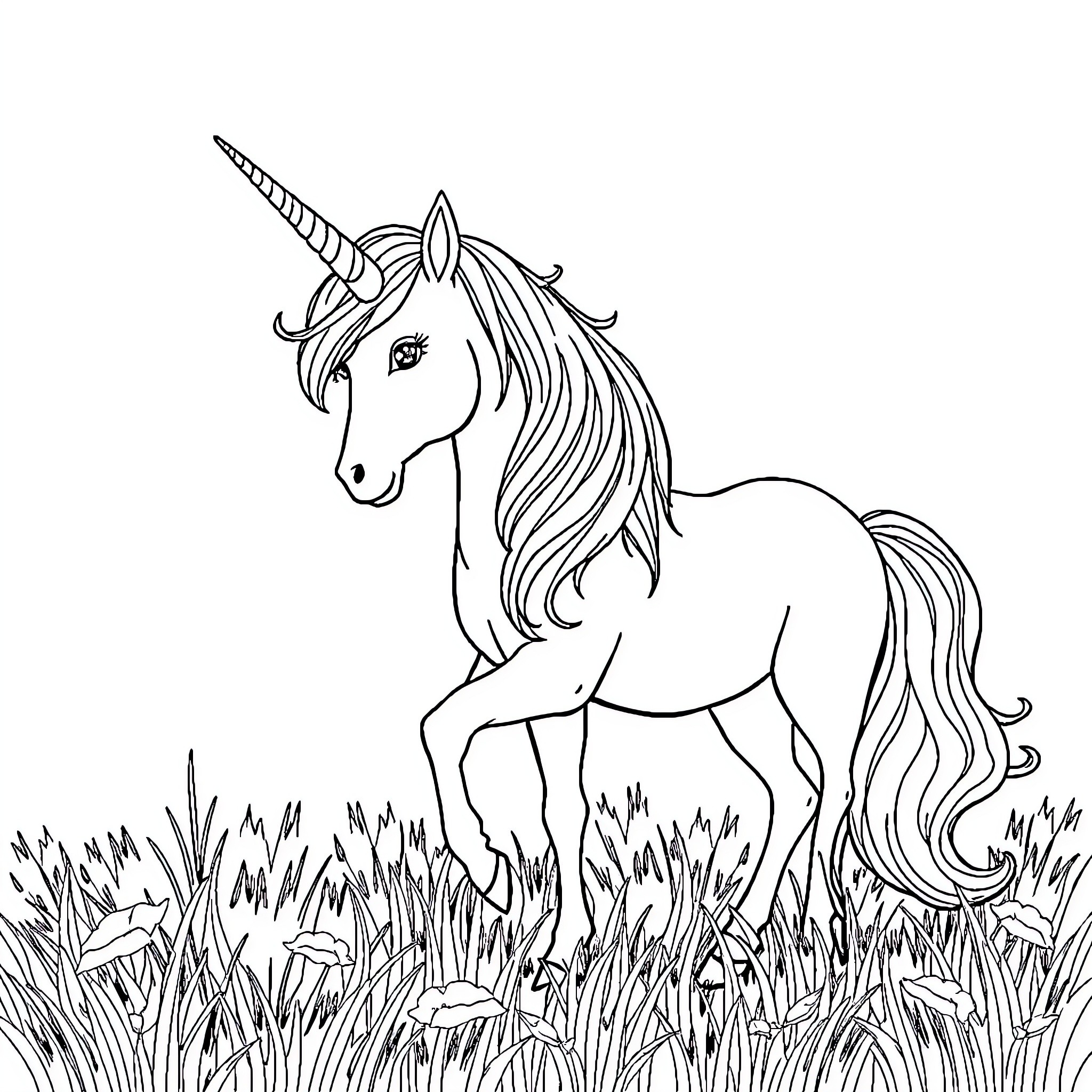 Unicorn standing gracefully in a field Coloring Page (free black-and-white line drawing printable PDF for all, from beginners to advanced learners, including children, teens, adults, and seniors)