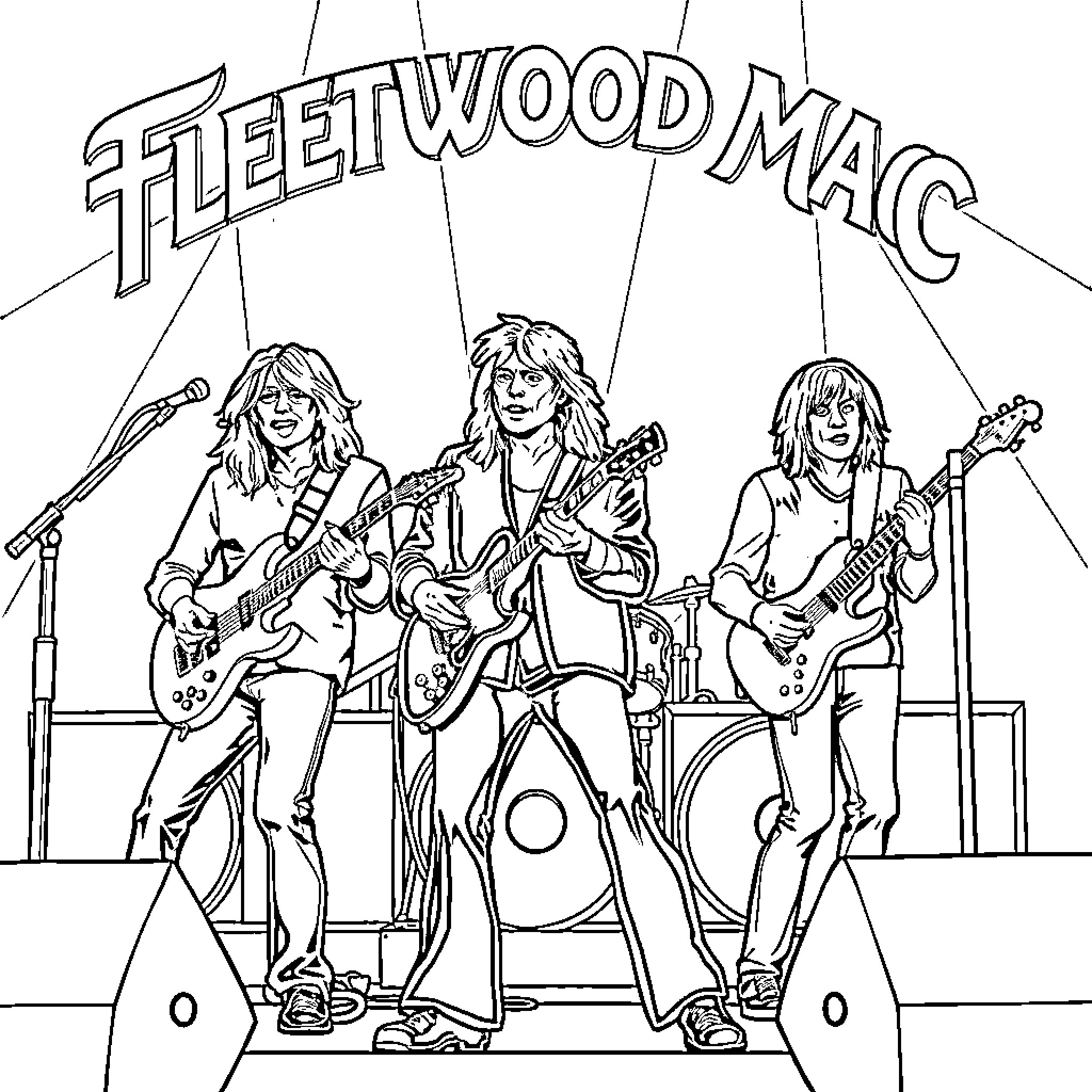 Fleetwood Mac Band Members Performing on Stage Coloring Page (free black-and-white line drawing printable PDF for all, from beginners to advanced learners, including children, teens, adults, and seniors)