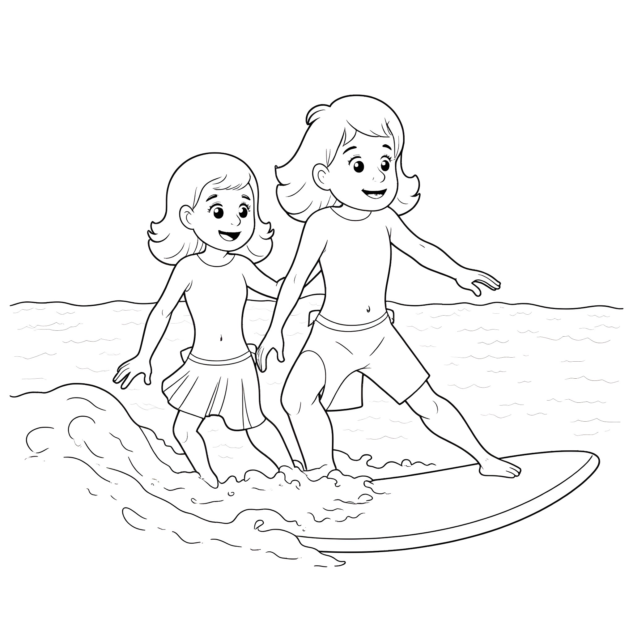 Bluey playing happily on the beach with a friend Coloring Page (free black-and-white line drawing printable PDF for all, from beginners to advanced learners, including children, teens, adults, and seniors)