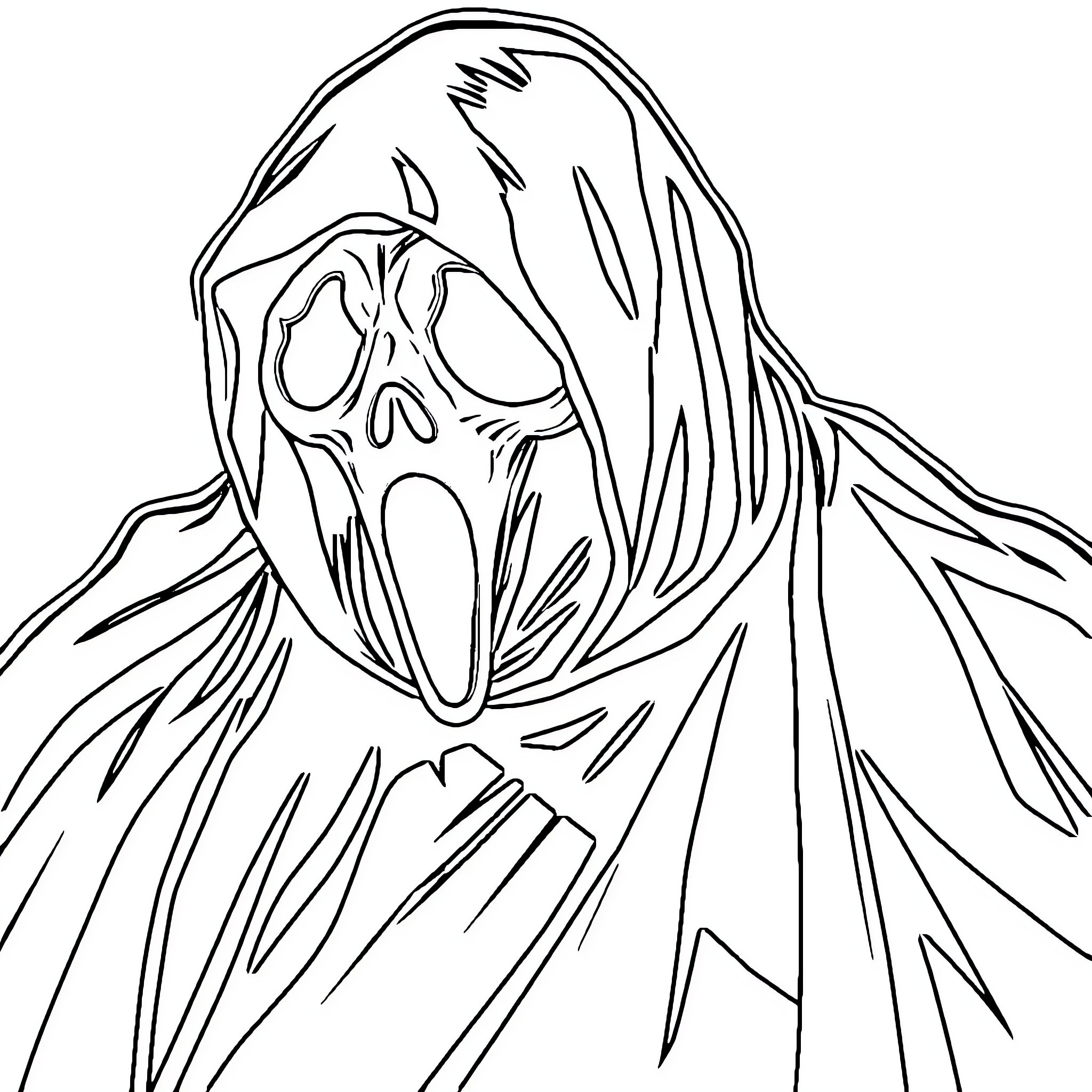 Ghostface in Terrifying Horror Mask Coloring Page (free black-and-white line drawing printable PDF for all, from beginners to advanced learners, including children, teens, adults, and seniors)