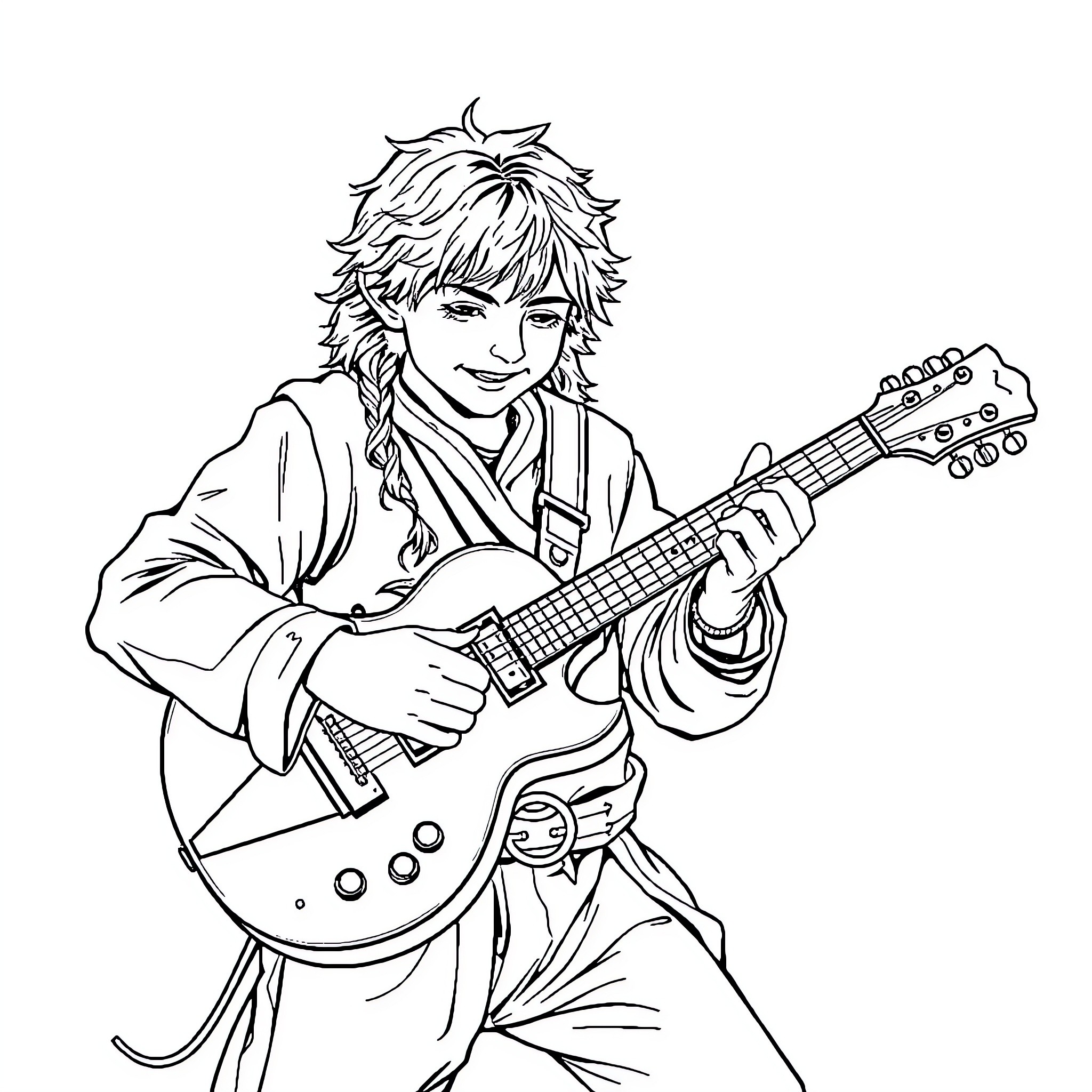 Frodo playing guitar with enthusiasm Coloring Page (free black-and-white line drawing printable PDF for all, from beginners to advanced learners, including children, teens, adults, and seniors)