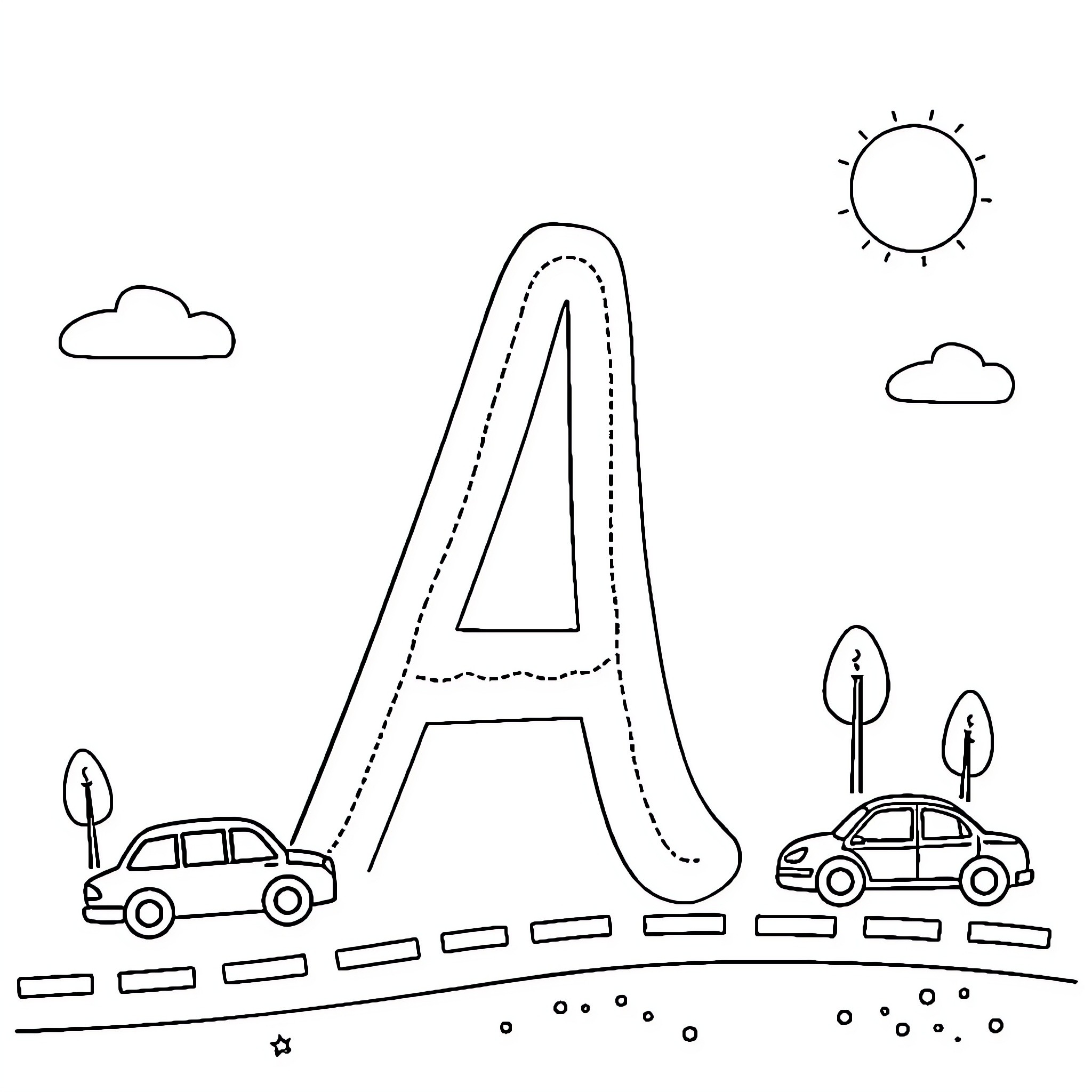 Letter A with vehicles and scenery Coloring Page (free black-and-white line drawing printable PDF for all, from beginners to advanced learners, including children, teens, adults, and seniors)