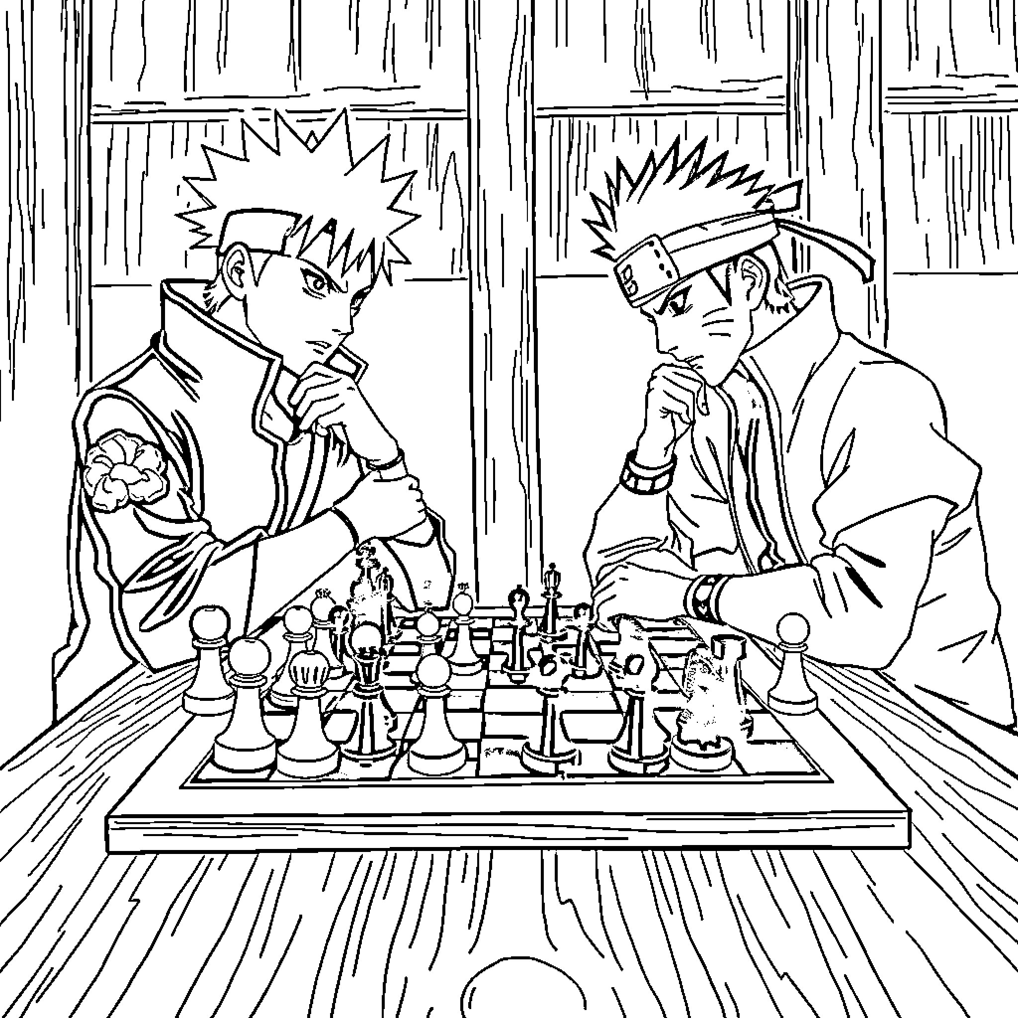 Zoro playing chess with a companion in the forest Coloring Page (free black-and-white line drawing printable PDF for all, from beginners to advanced learners, including children, teens, adults, and seniors)