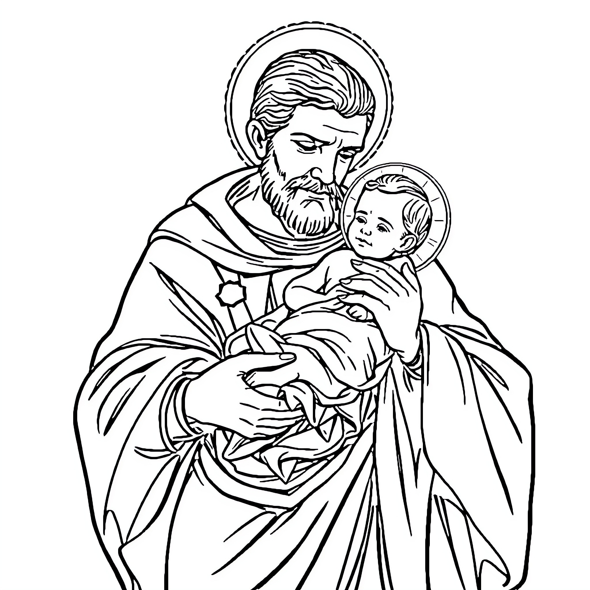 San Antonio man holding infant in reverence Coloring Page (free black-and-white line drawing printable PDF for all, from beginners to advanced learners, including children, teens, adults, and seniors)