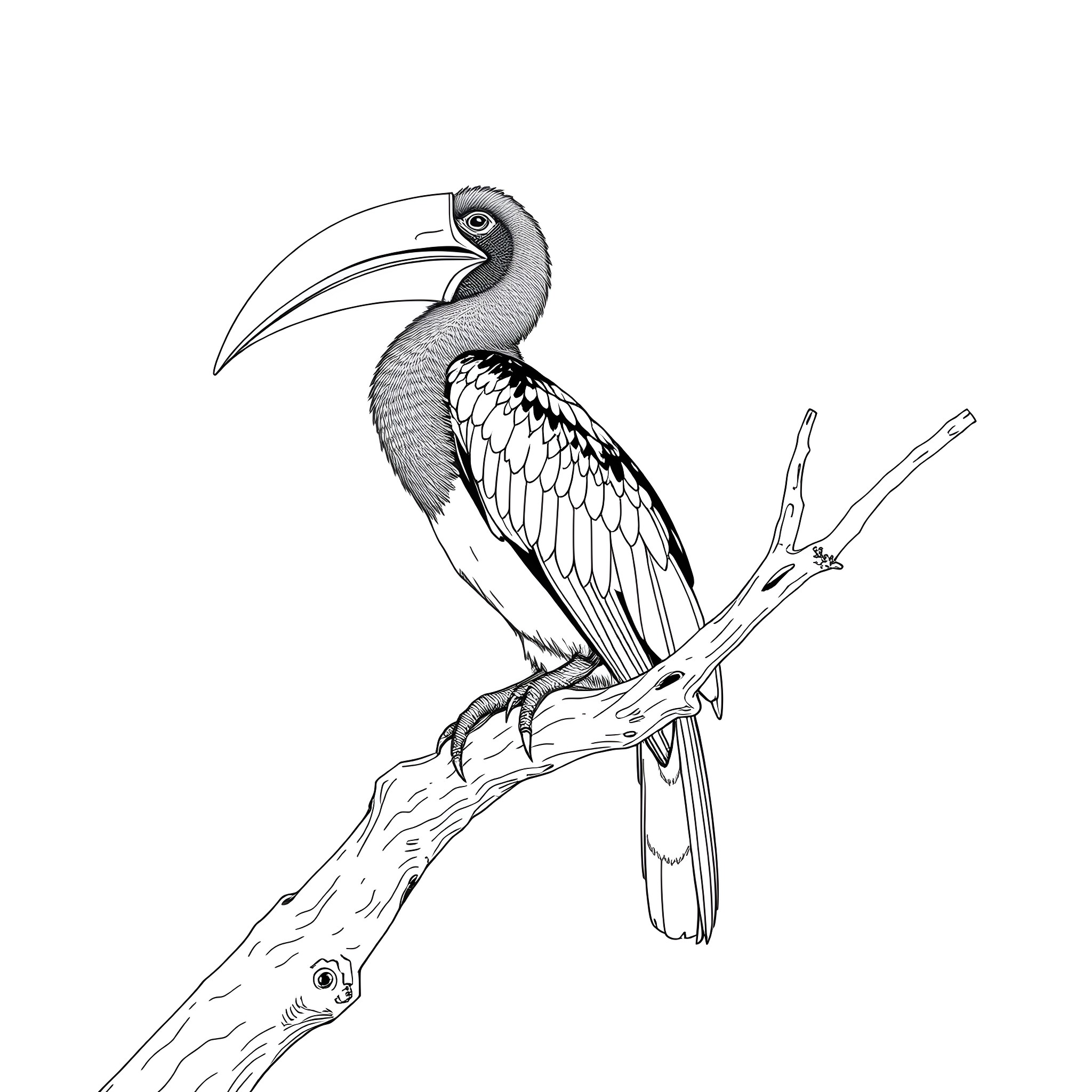 Hornbill perched on tree branch with detailed feathers Coloring Page (free black-and-white line drawing printable PDF for all, from beginners to advanced learners, including children, teens, adults, and seniors)