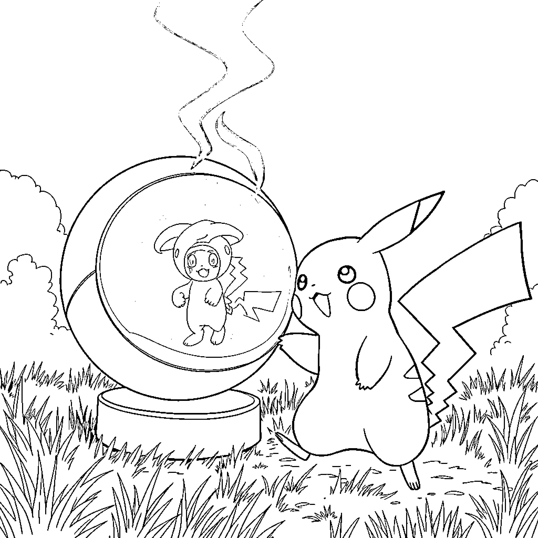 Pikachu playing with Pokémon friend in a crystal ball Coloring Page (free black-and-white line drawing printable PDF for all, from beginners to advanced learners, including children, teens, adults, and seniors)