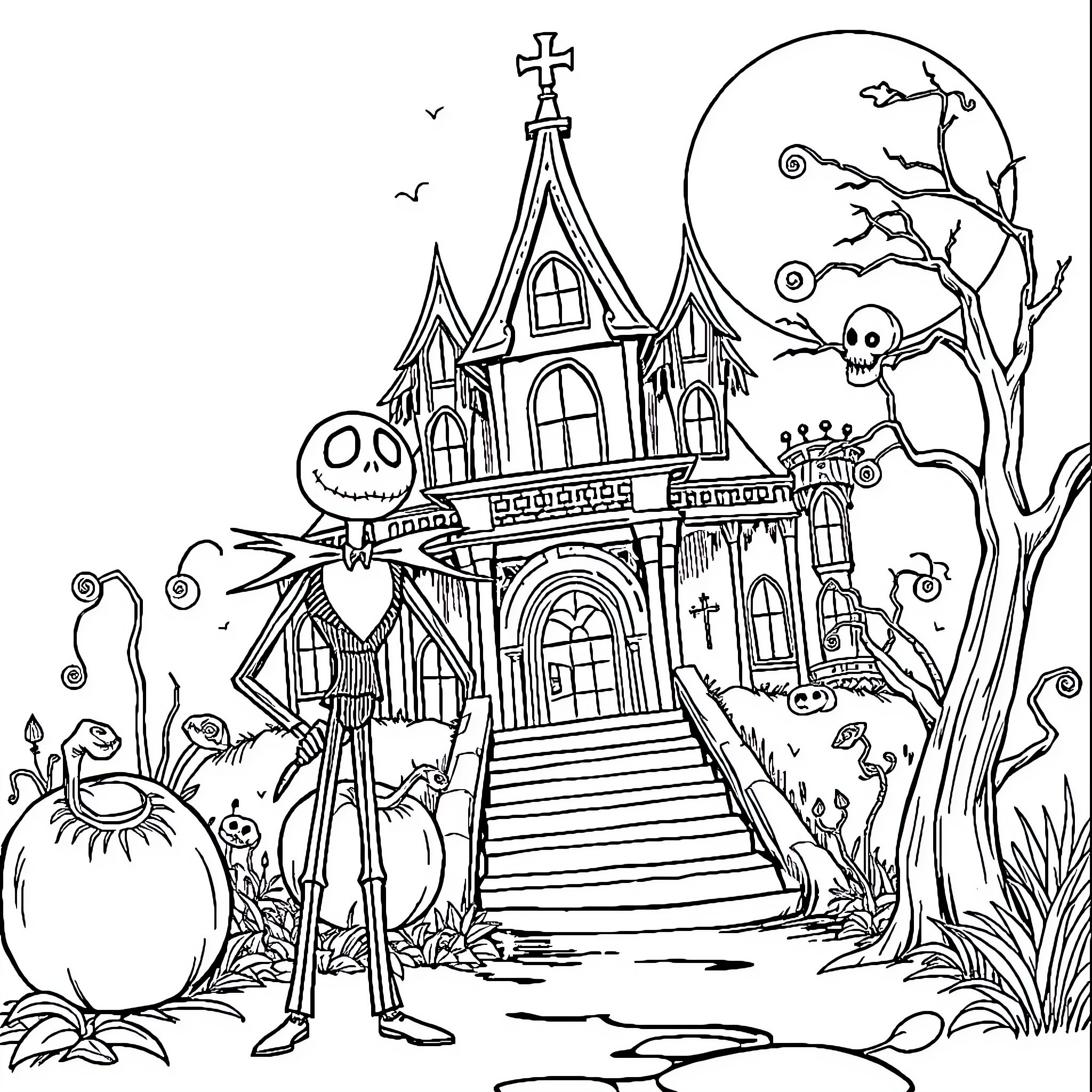 Jack Skellington's Spooky Haunted House Adventure Coloring Page (free black-and-white line drawing printable PDF for all, from beginners to advanced learners, including children, teens, adults, and seniors)