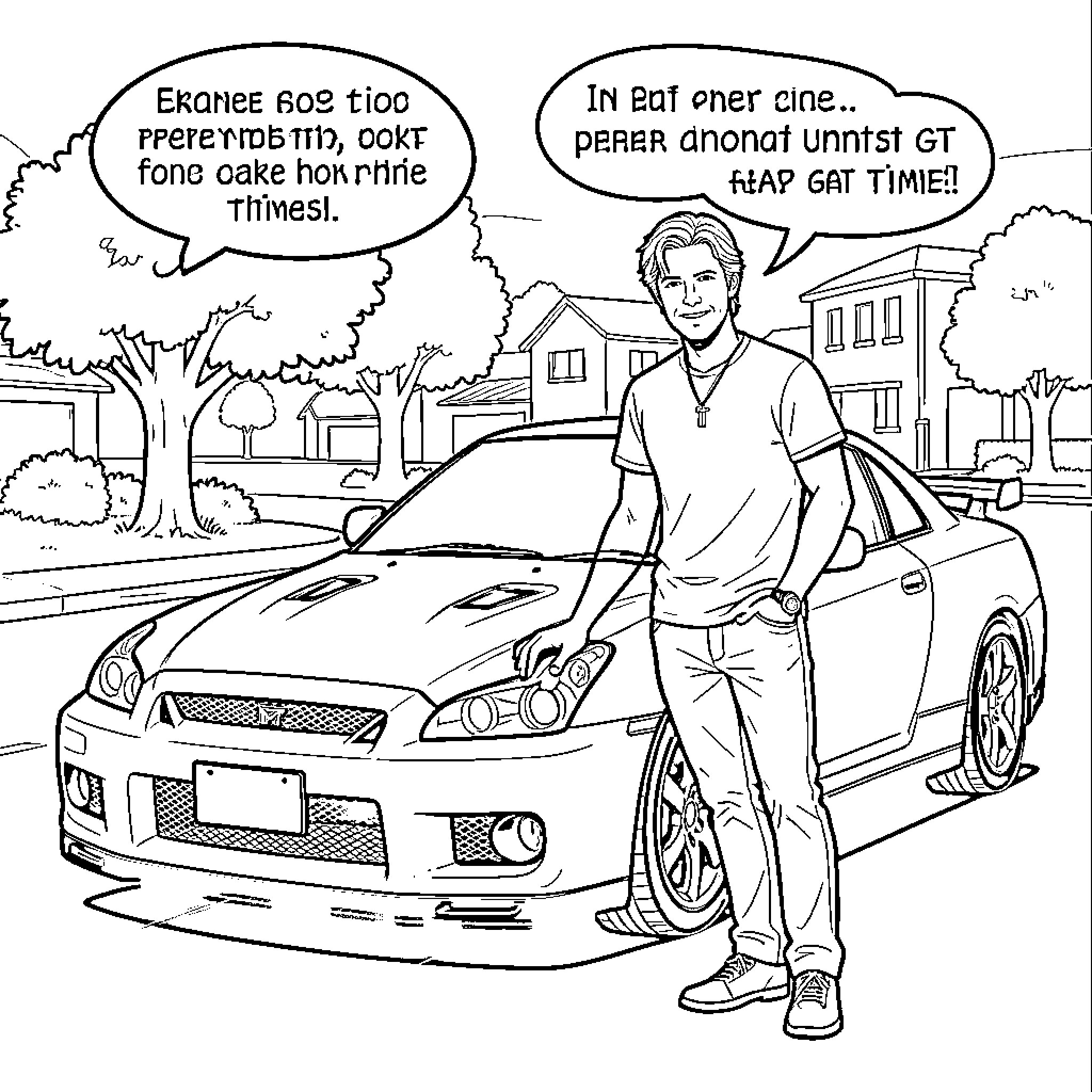 Paul Walker leaning against a sports car Coloring Page (free black-and-white line drawing printable PDF for all, from beginners to advanced learners, including children, teens, adults, and seniors)