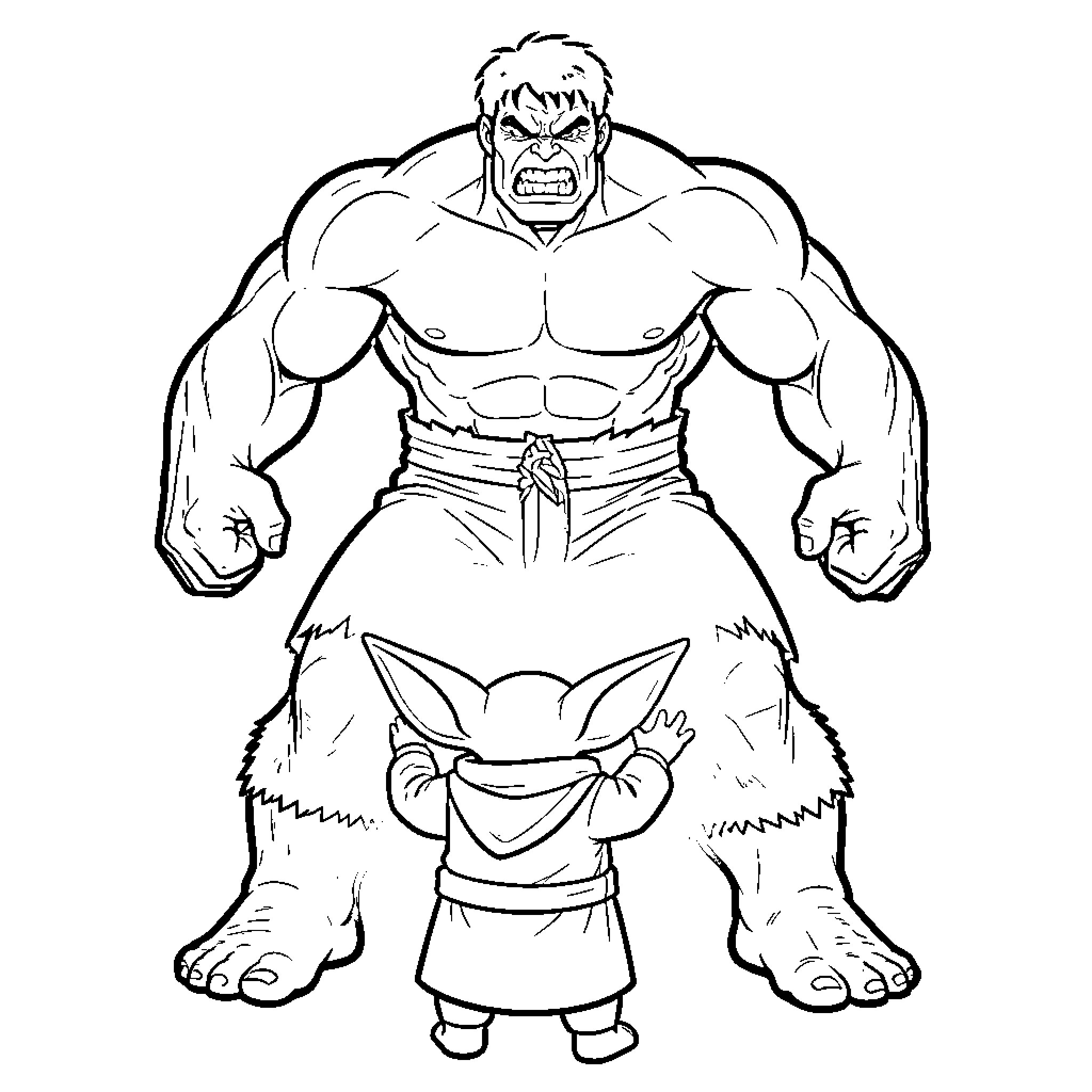 Hulk roaring intensely while facing a small creature Coloring Page (free black-and-white line drawing printable PDF for all, from beginners to advanced learners, including children, teens, adults, and seniors)