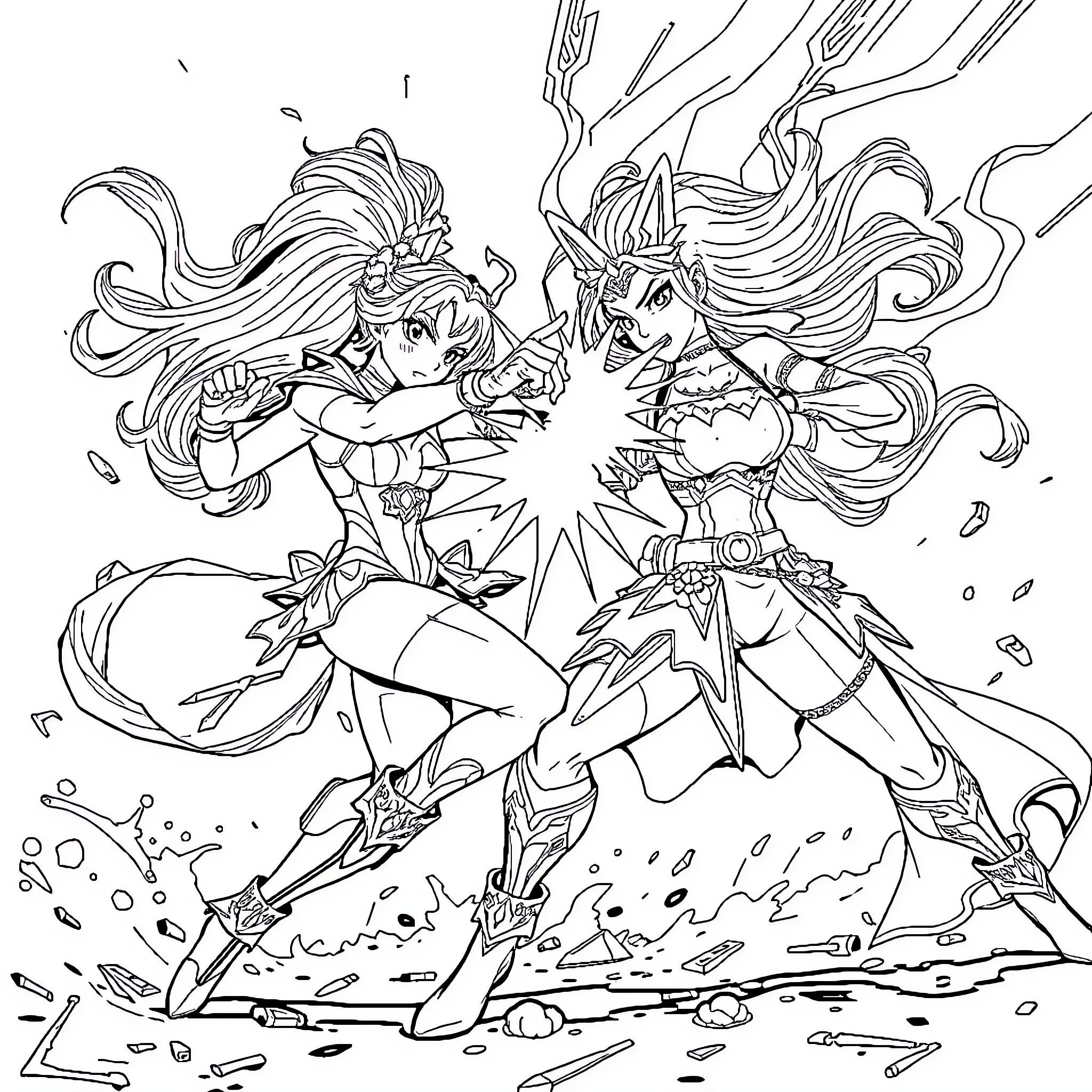 Jinx of Explosive Action and Chaotic Clash Coloring Page (free black-and-white line drawing printable PDF for all, from beginners to advanced learners, including children, teens, adults, and seniors)