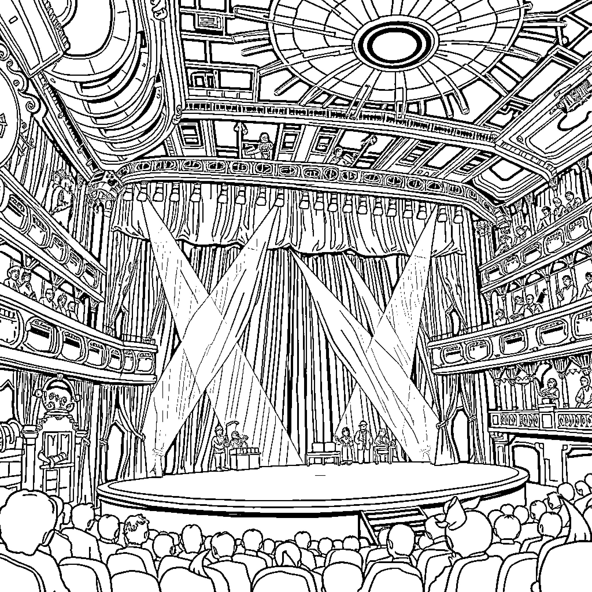 Treasure Island: Extravagant Stage Performance Coloring Page (free black-and-white line drawing printable PDF for all, from beginners to advanced learners, including children, teens, adults, and seniors)
