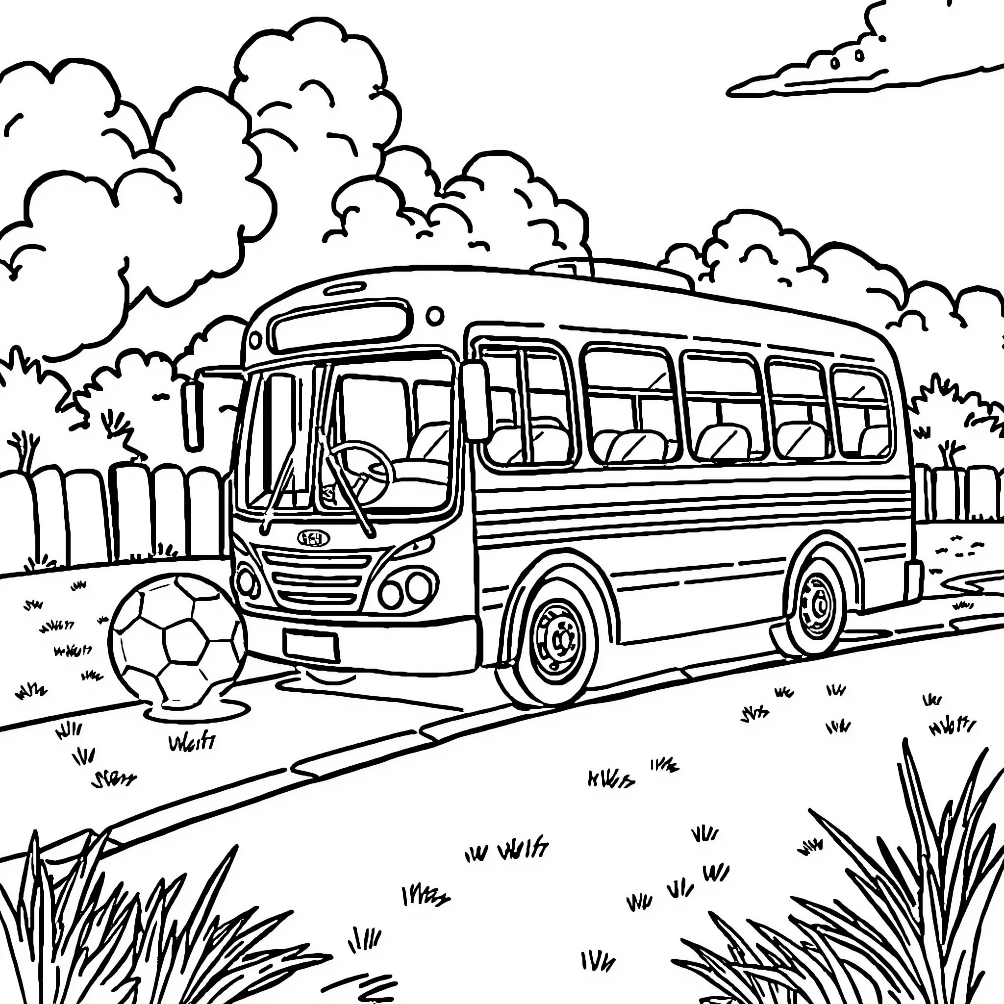 Bus carrying passengers through a scenic countryside Coloring Page (free black-and-white line drawing printable PDF for all, from beginners to advanced learners, including children, teens, adults, and seniors)