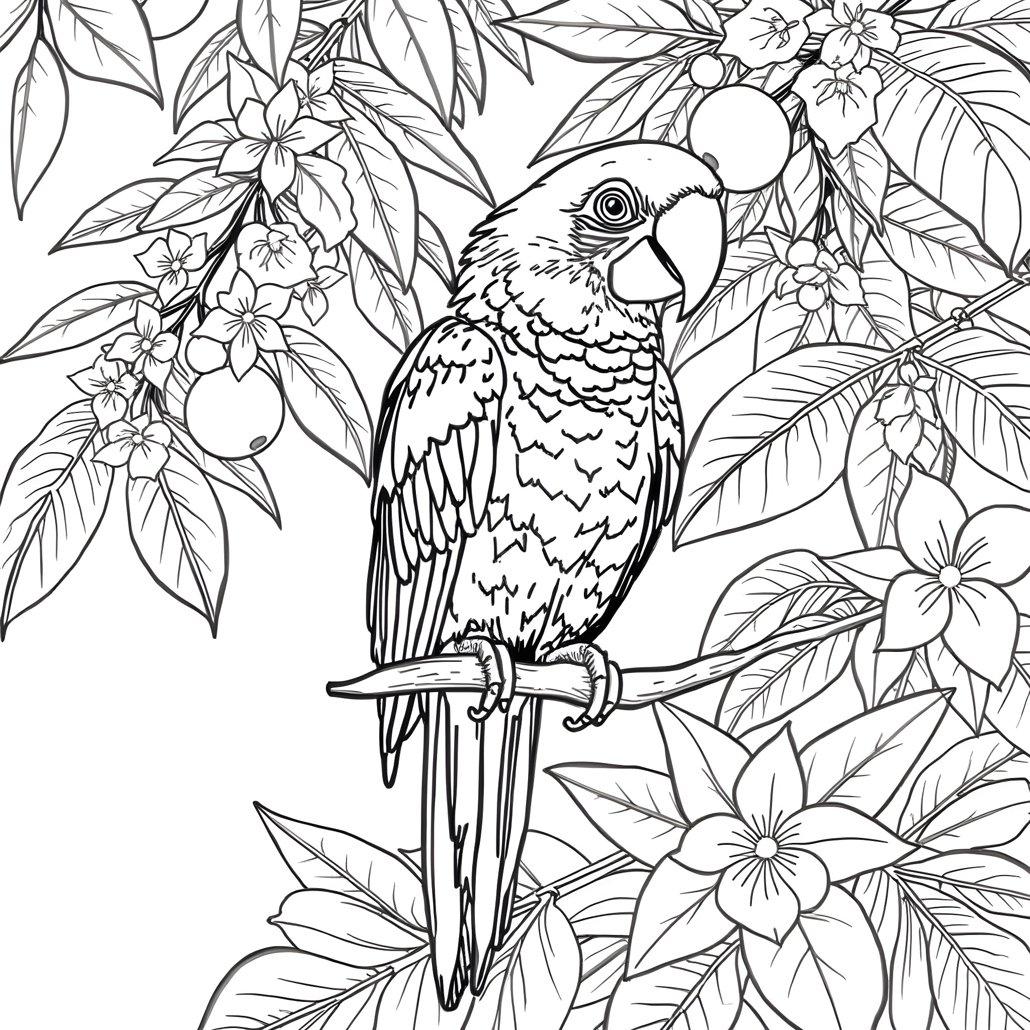 Parrot perched amidst tropical foliage Coloring Page (free black-and-white line drawing printable PDF for all, from beginners to advanced learners, including children, teens, adults, and seniors)