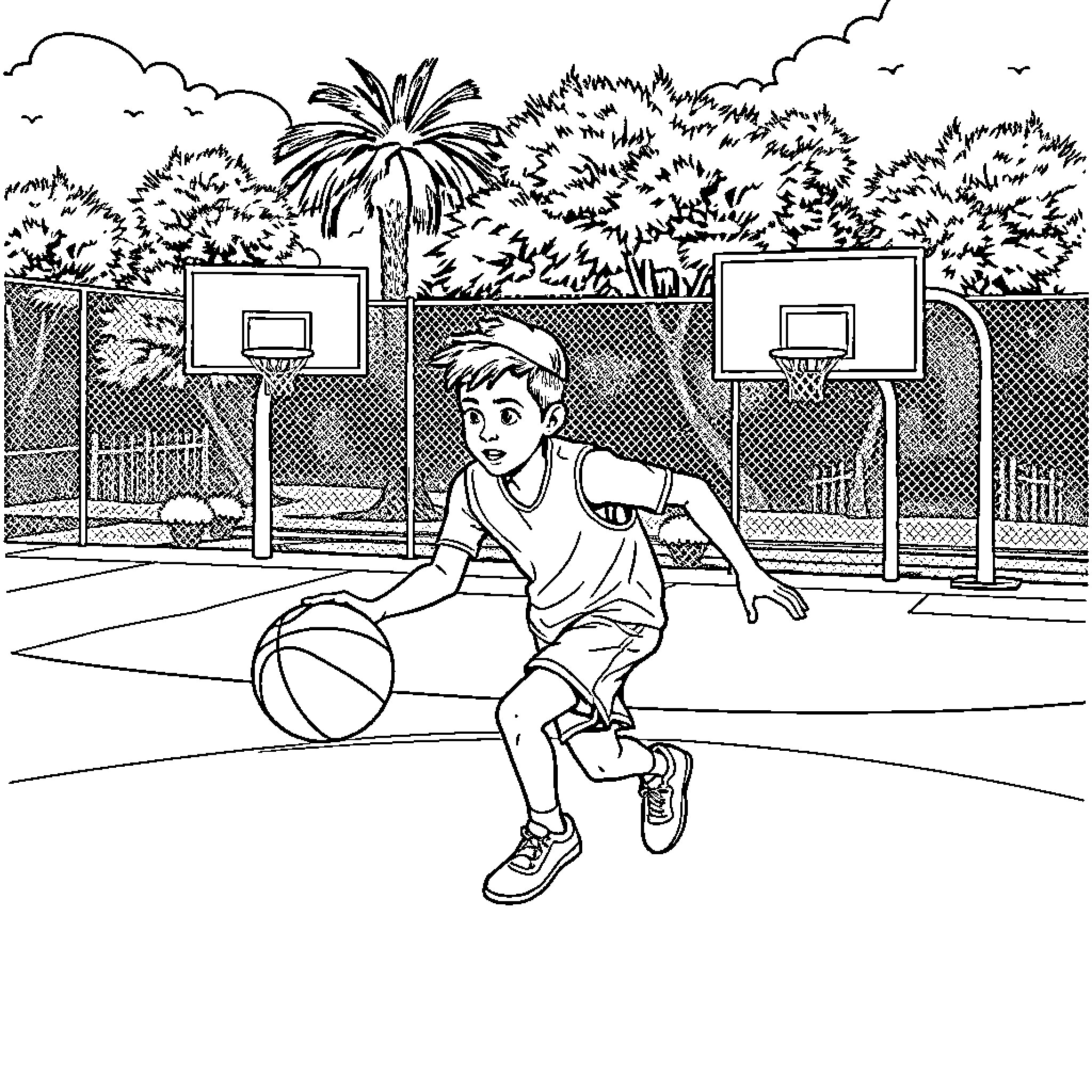 Aarav Playing Basketball on the Court Coloring Page (free black-and-white line drawing printable PDF for all, from beginners to advanced learners, including children, teens, adults, and seniors)