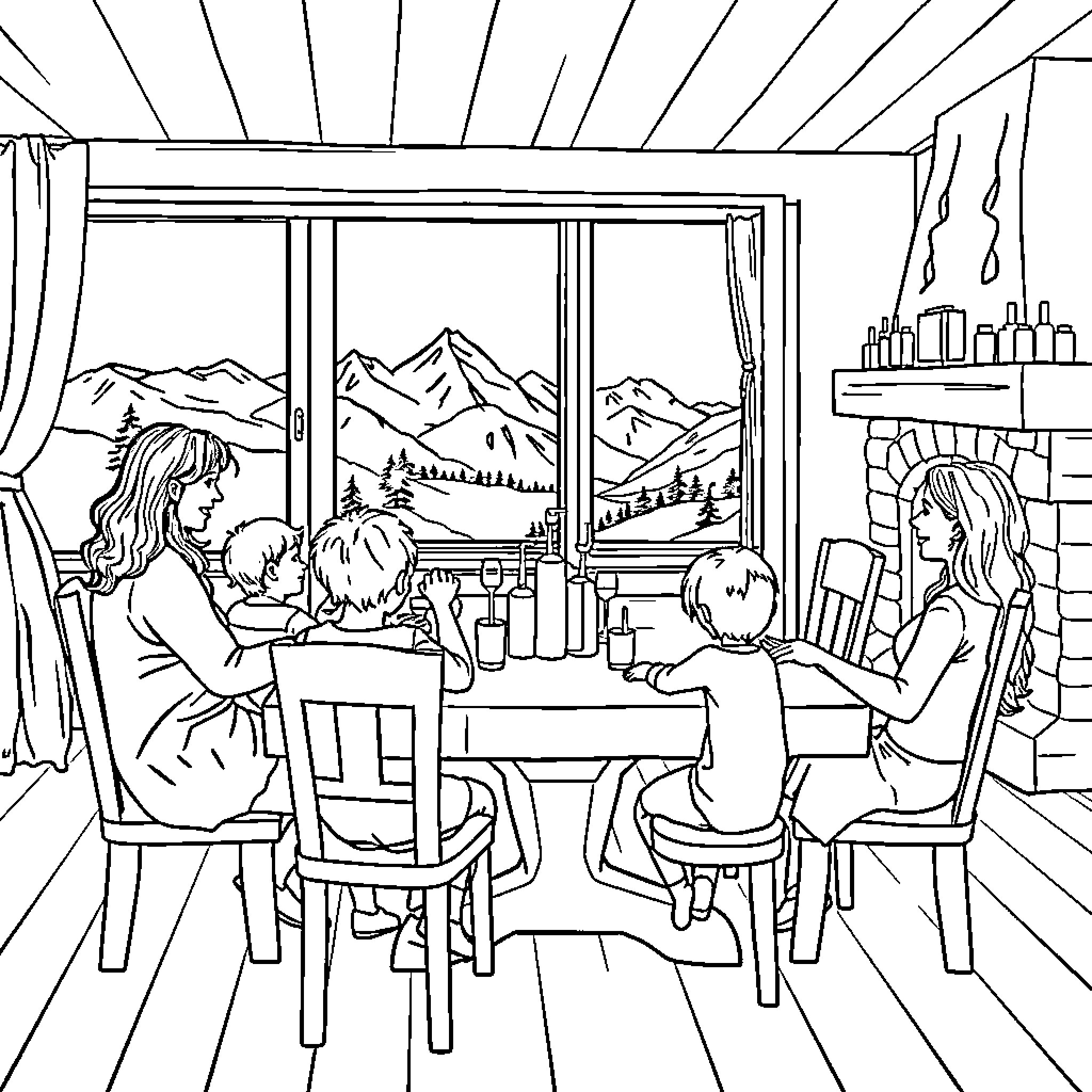 Person family enjoying meal together in cabin Coloring Page (free black-and-white line drawing printable PDF for all, from beginners to advanced learners, including children, teens, adults, and seniors)