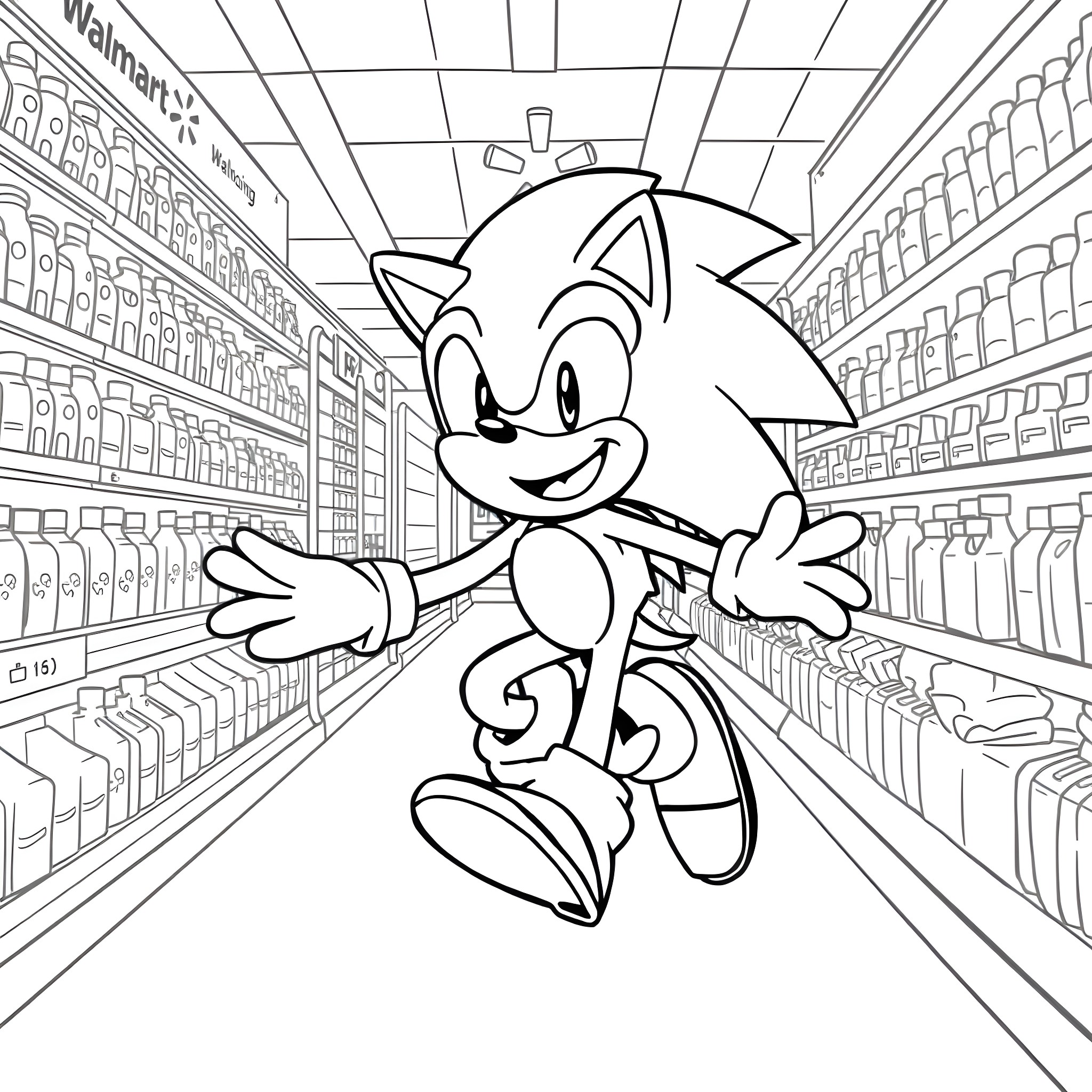 Sonic running through a supermarket aisle Coloring Page (free black-and-white line drawing printable PDF for all, from beginners to advanced learners, including children, teens, adults, and seniors)