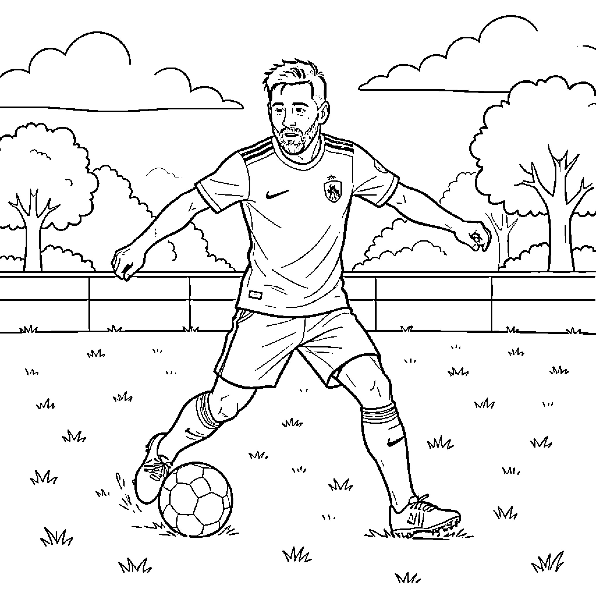Lionel Messi dribbling a soccer ball on a field Coloring Page (free black-and-white line drawing printable PDF for all, from beginners to advanced learners, including children, teens, adults, and seniors)