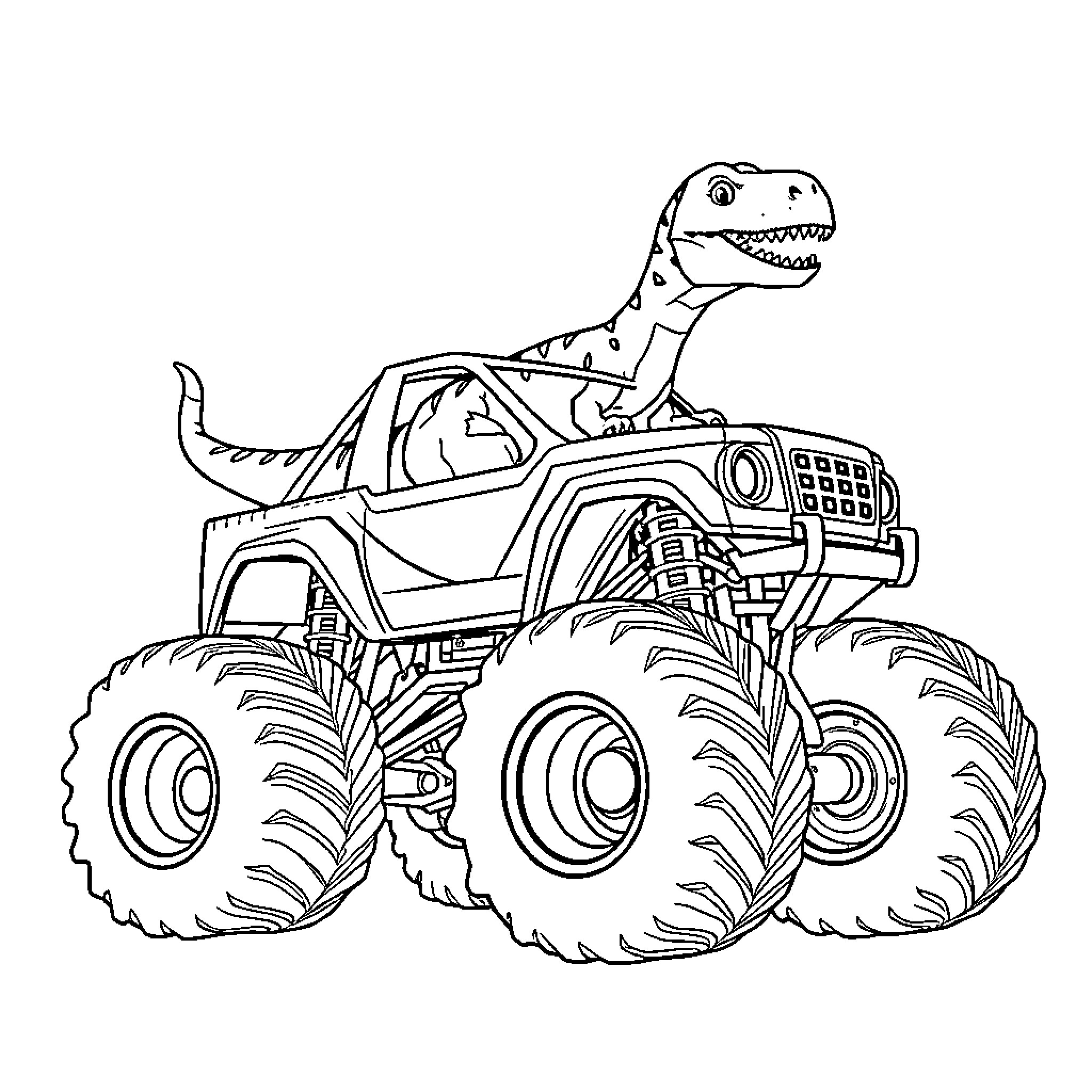 Dinosaur Riding Monster Truck Coloring Page (free black-and-white line drawing printable PDF for all, from beginners to advanced learners, including children, teens, adults, and seniors)