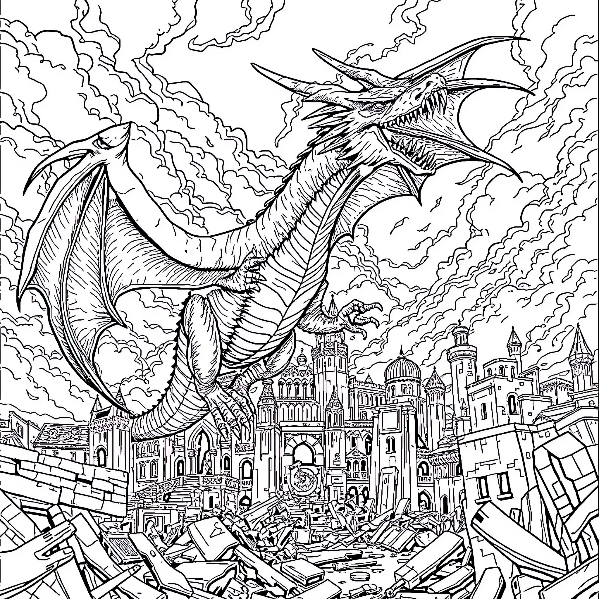 Dragon unleashing fiery destruction over a city Coloring Page (free black-and-white line drawing printable PDF for all, from beginners to advanced learners, including children, teens, adults, and seniors)
