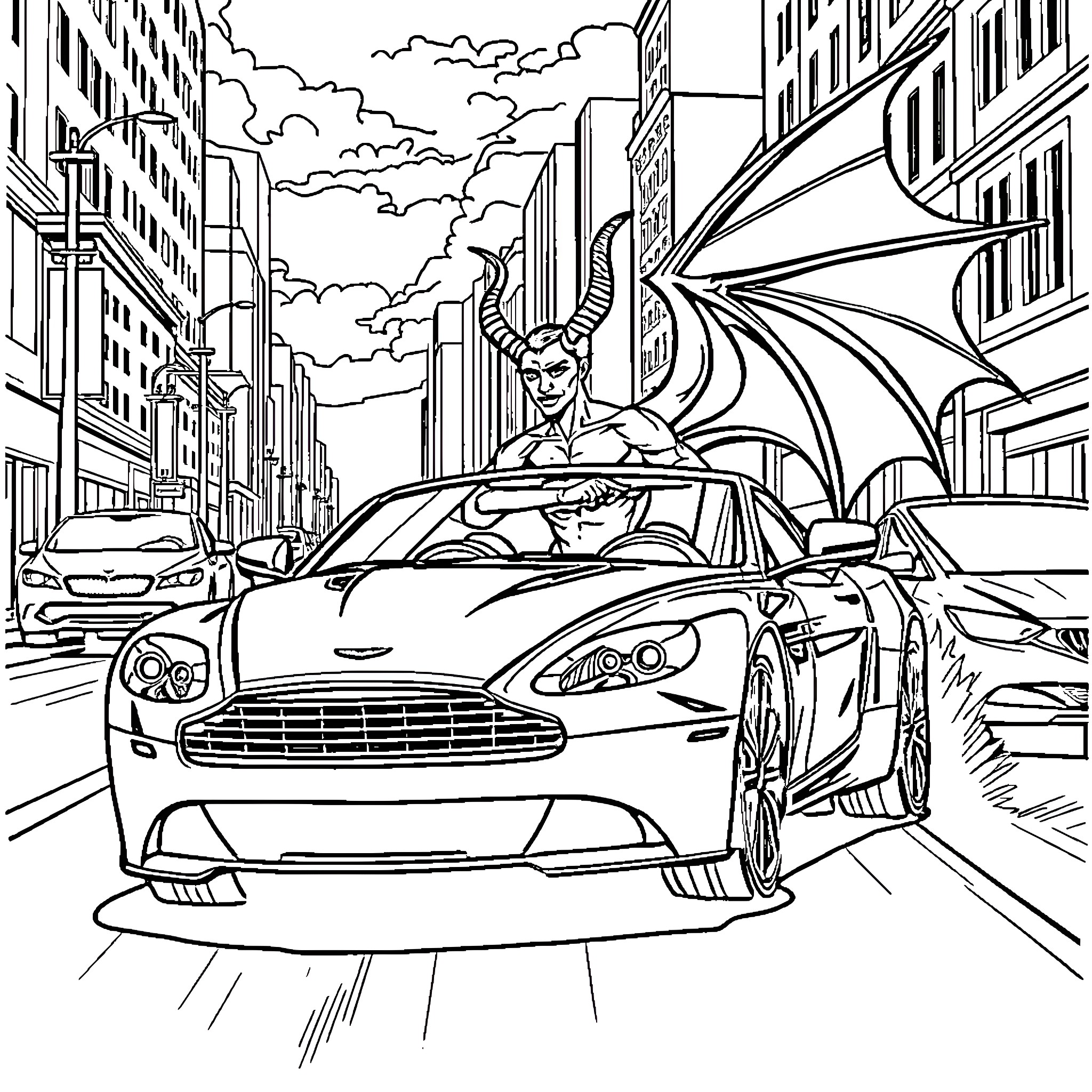 Lucifer speeds through the city in his sports car Coloring Page (free black-and-white line drawing printable PDF for all, from beginners to advanced learners, including children, teens, adults, and seniors)