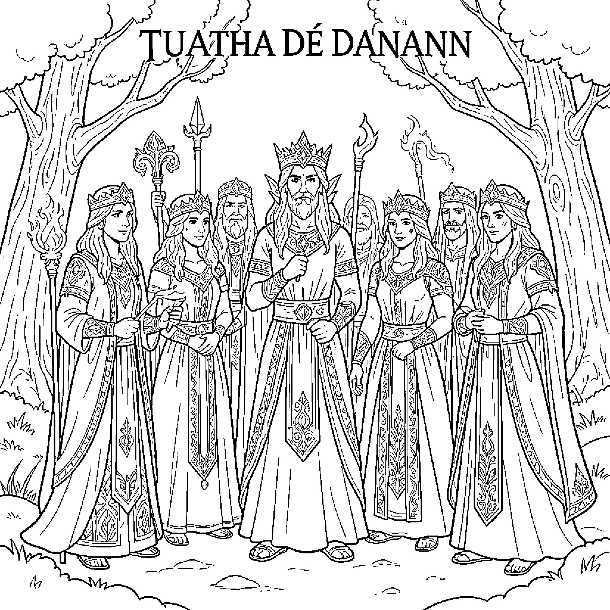 Tuatha de Danann standing regally in a forest Coloring Page (free black-and-white line drawing printable PDF for all, from beginners to advanced learners, including children, teens, adults, and seniors)