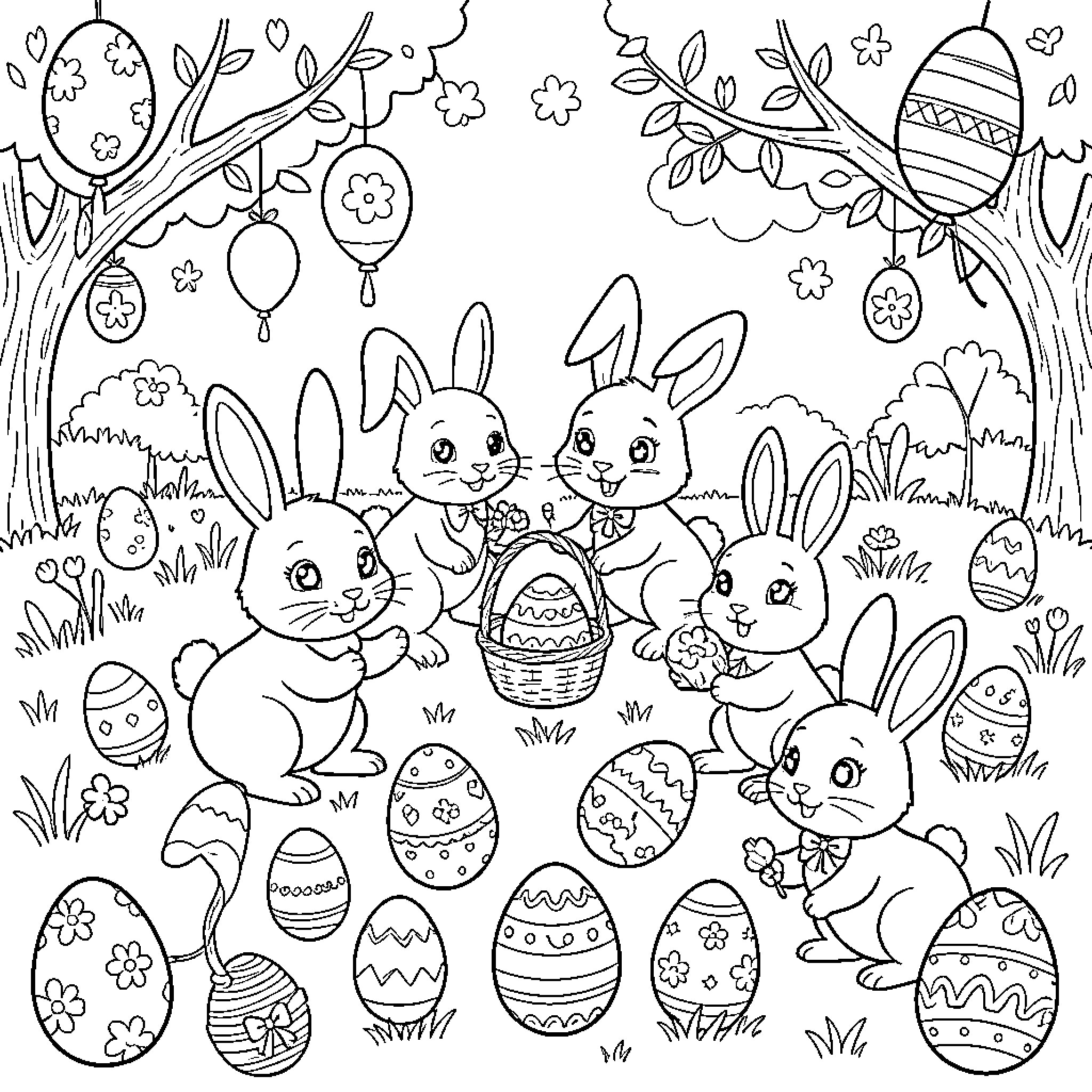 Easter Bunnies Celebrating with Decorated Eggs Coloring Page (free black-and-white line drawing printable PDF for all, from beginners to advanced learners, including children, teens, adults, and seniors)