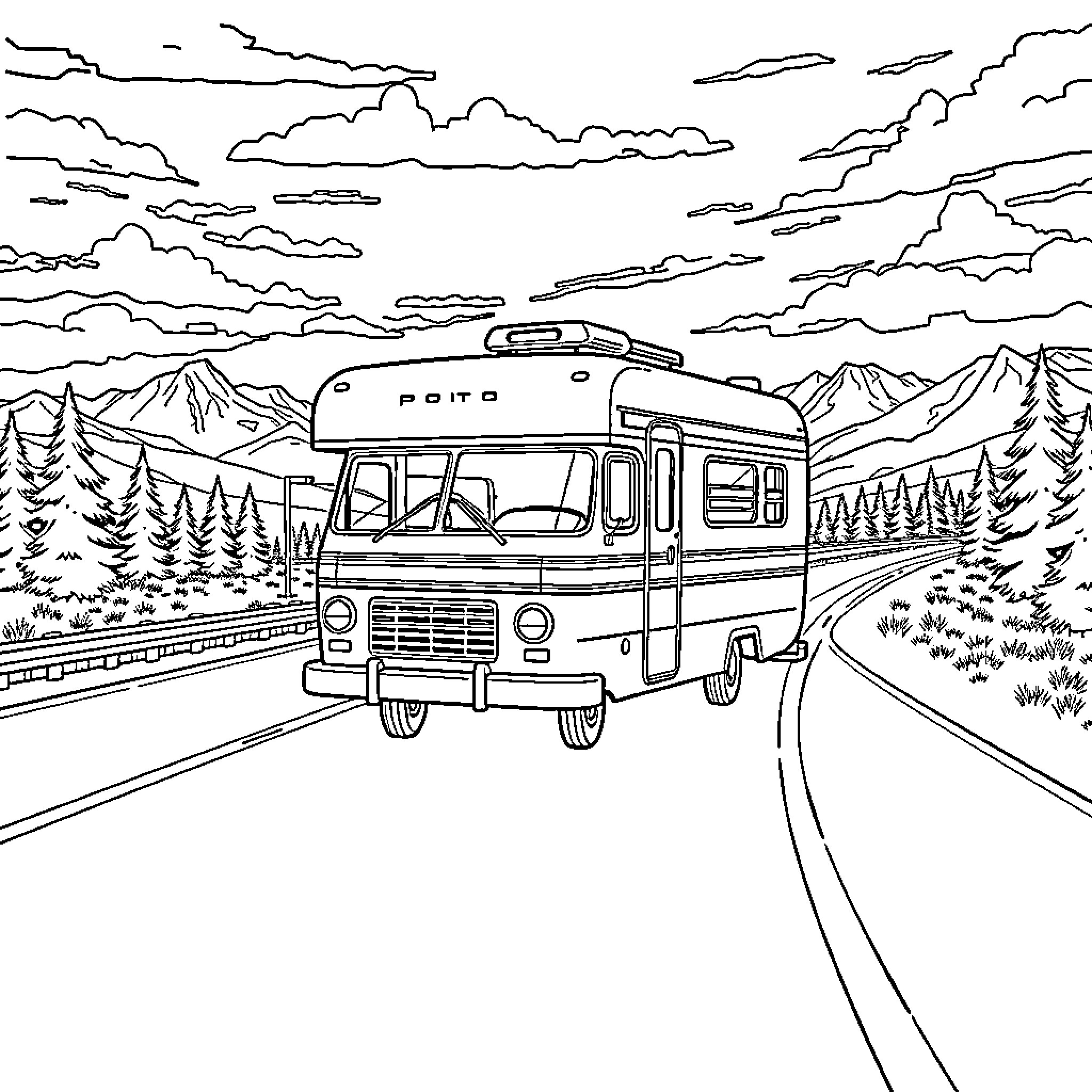 Motorhome traveling through scenic mountain landscape Coloring Page (free black-and-white line drawing printable PDF for all, from beginners to advanced learners, including children, teens, adults, and seniors)