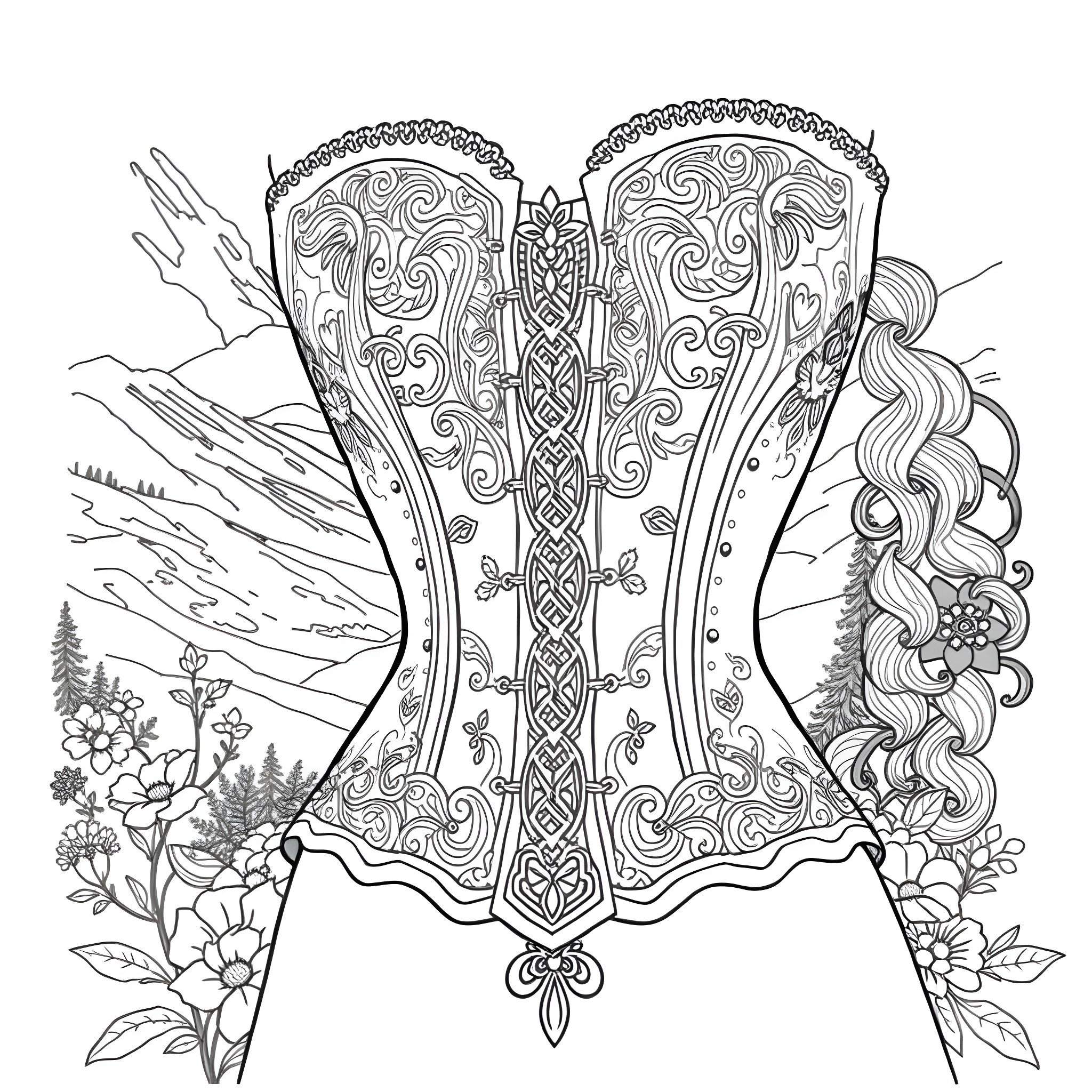 Merida's Enchanted Corset in the Enchanted Forest Coloring Page (free black-and-white line drawing printable PDF for all, from beginners to advanced learners, including children, teens, adults, and seniors)