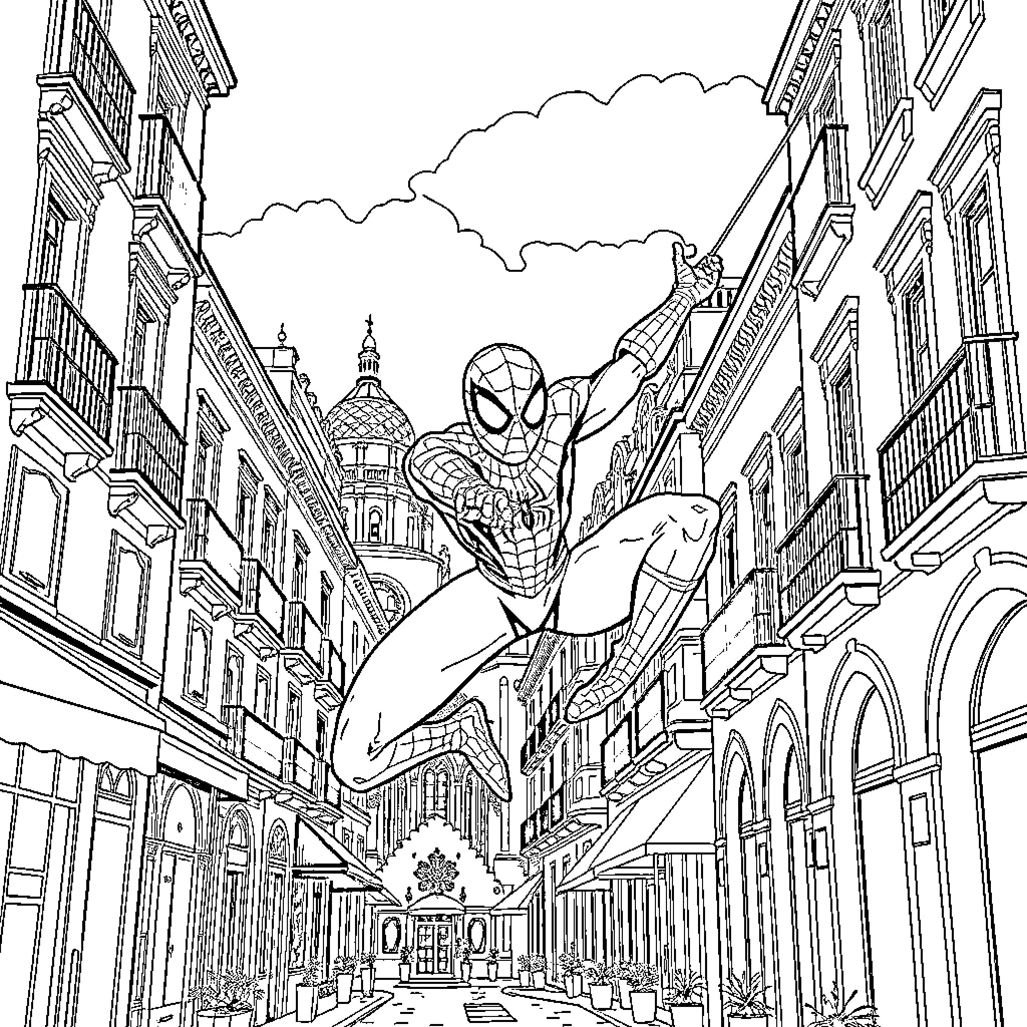 Spiderman swinging through the city streets Coloring Page (free black-and-white line drawing printable PDF for all, from beginners to advanced learners, including children, teens, adults, and seniors)