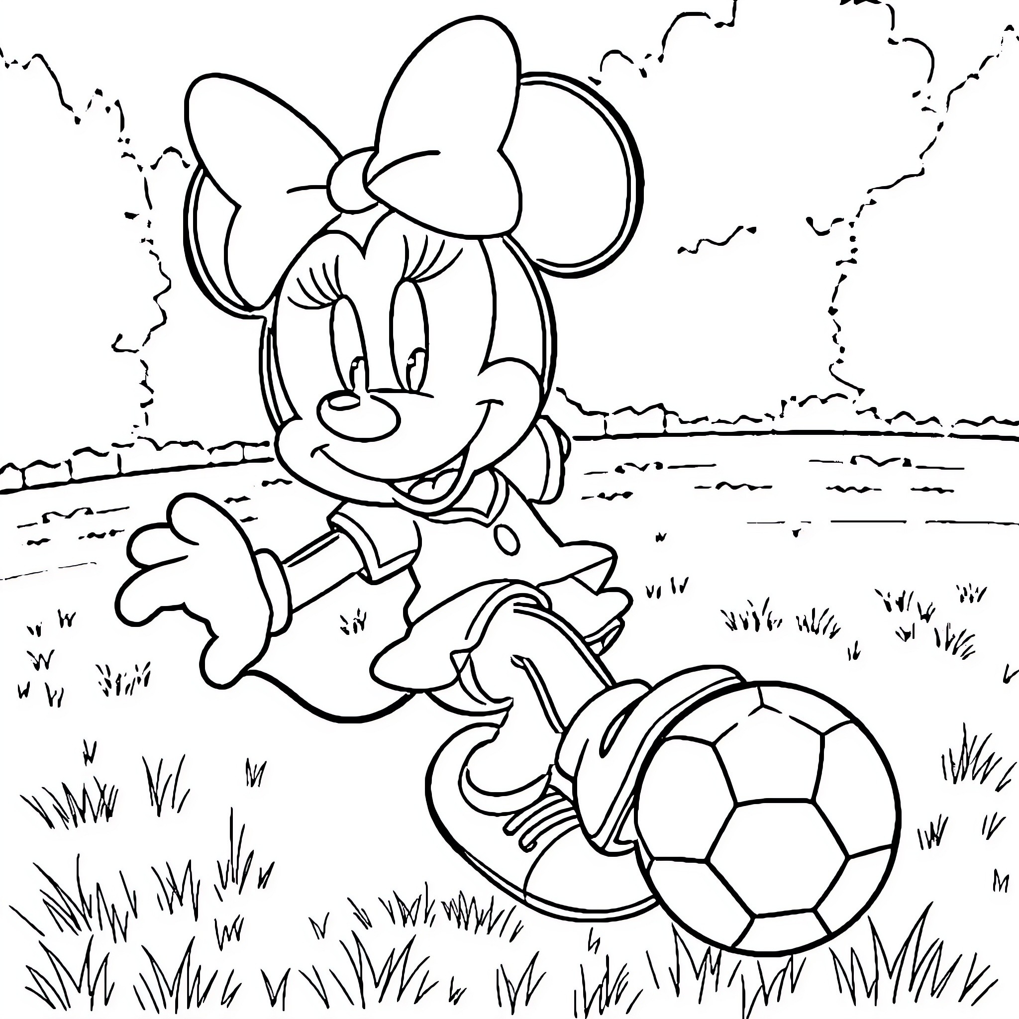Minnie Mouse playing with a soccer ball in the park Coloring Page (free black-and-white line drawing printable PDF for all, from beginners to advanced learners, including children, teens, adults, and seniors)