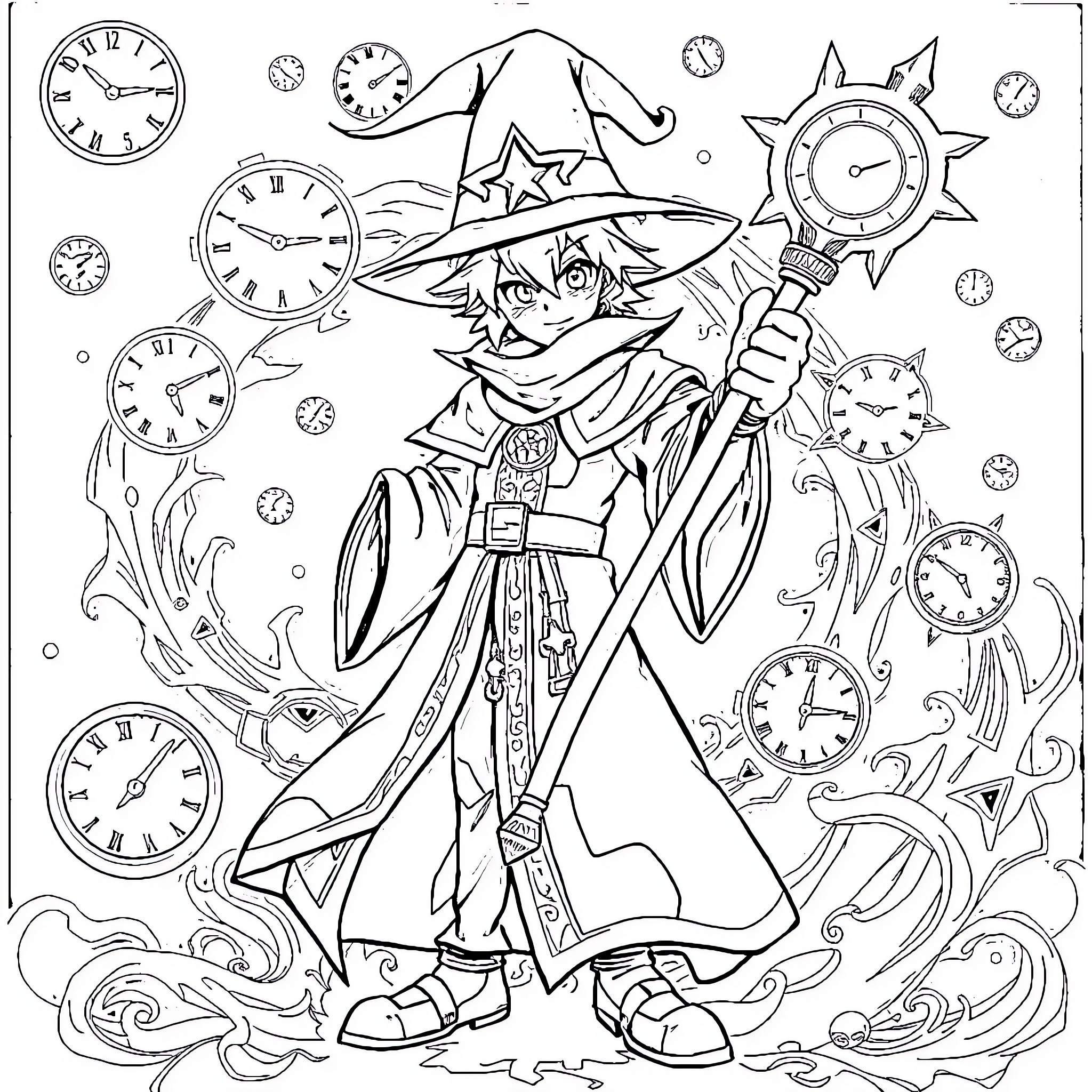 Time Wizard casting spells amidst clocks and magic Coloring Page (free black-and-white line drawing printable PDF for all, from beginners to advanced learners, including children, teens, adults, and seniors)