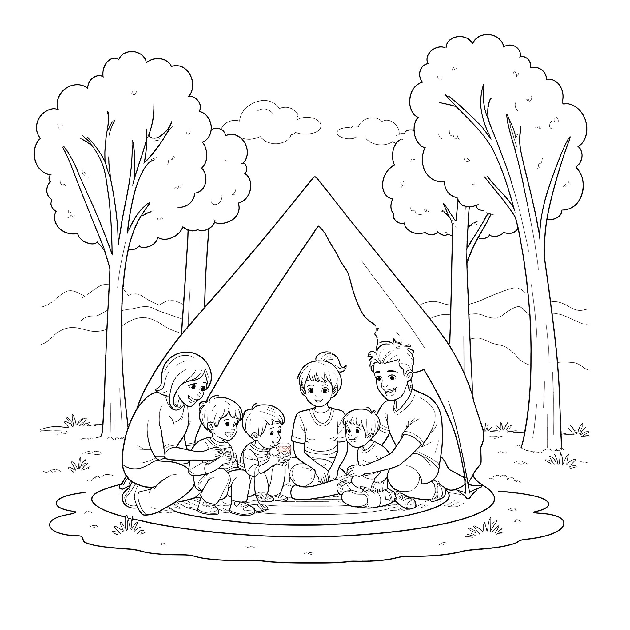 Family enjoying outdoor camping adventure Coloring Page (free black-and-white line drawing printable PDF for all, from beginners to advanced learners, including children, teens, adults, and seniors)