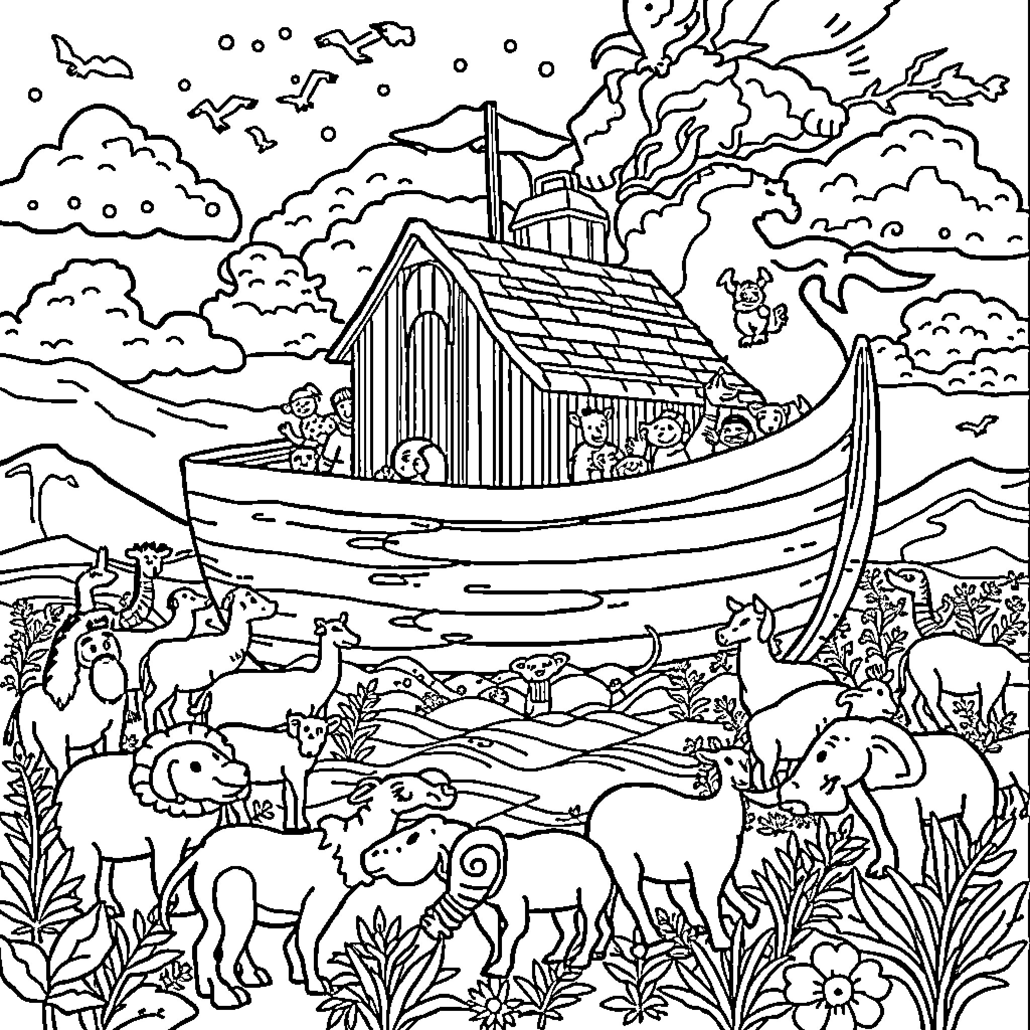Noah's Ark - Animals boarding the ship amidst stormy weather Coloring Page (free black-and-white line drawing printable PDF for all, from beginners to advanced learners, including children, teens, adults, and seniors)