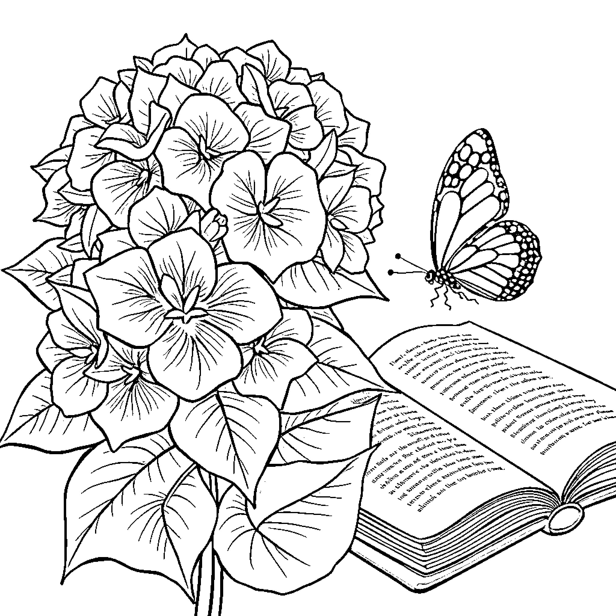 Hydrangea flowers with open book and butterfly Coloring Page (free black-and-white line drawing printable PDF for all, from beginners to advanced learners, including children, teens, adults, and seniors)