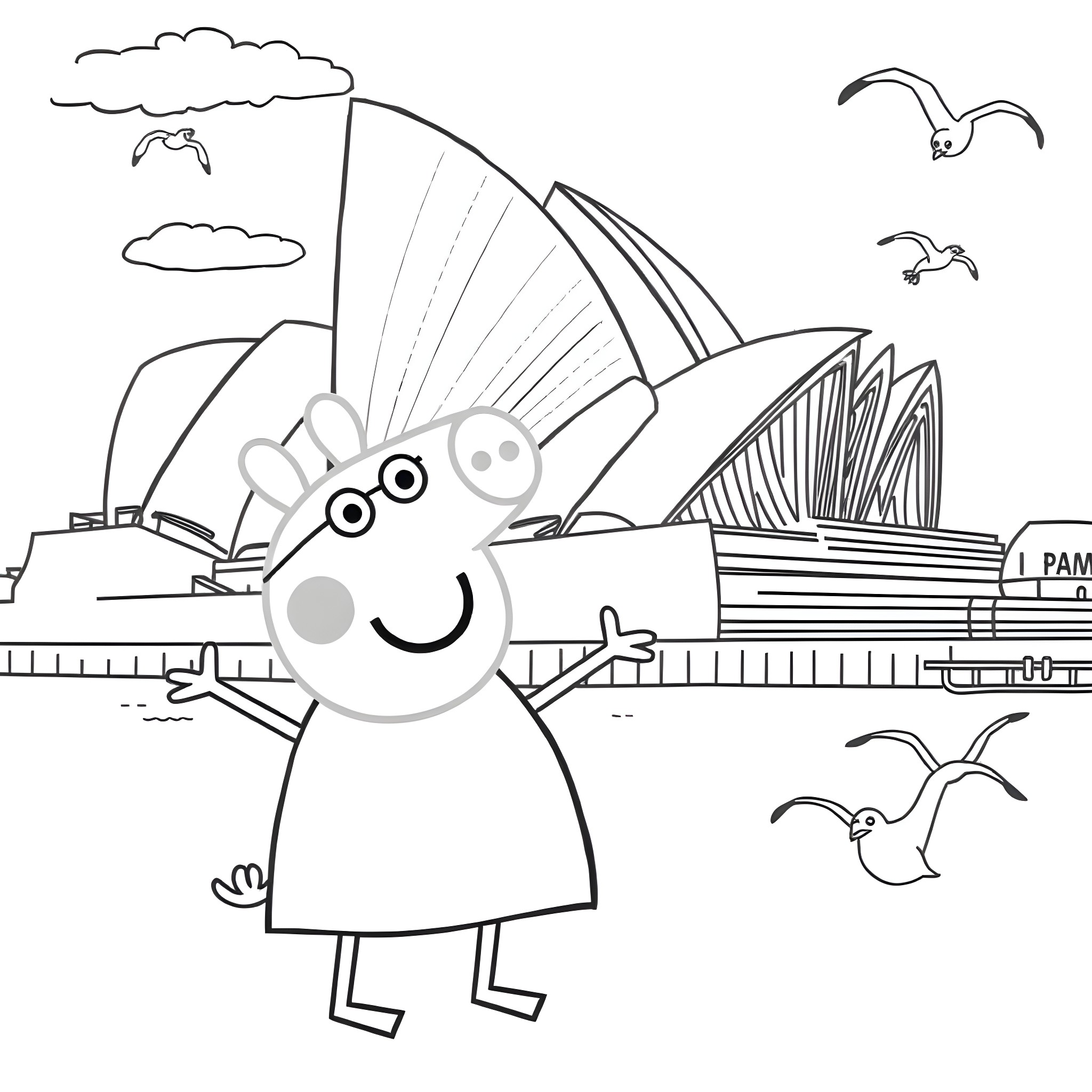 Peppa Pig visits the Sydney Opera House Coloring Page (free black-and-white line drawing printable PDF for all, from beginners to advanced learners, including children, teens, adults, and seniors)