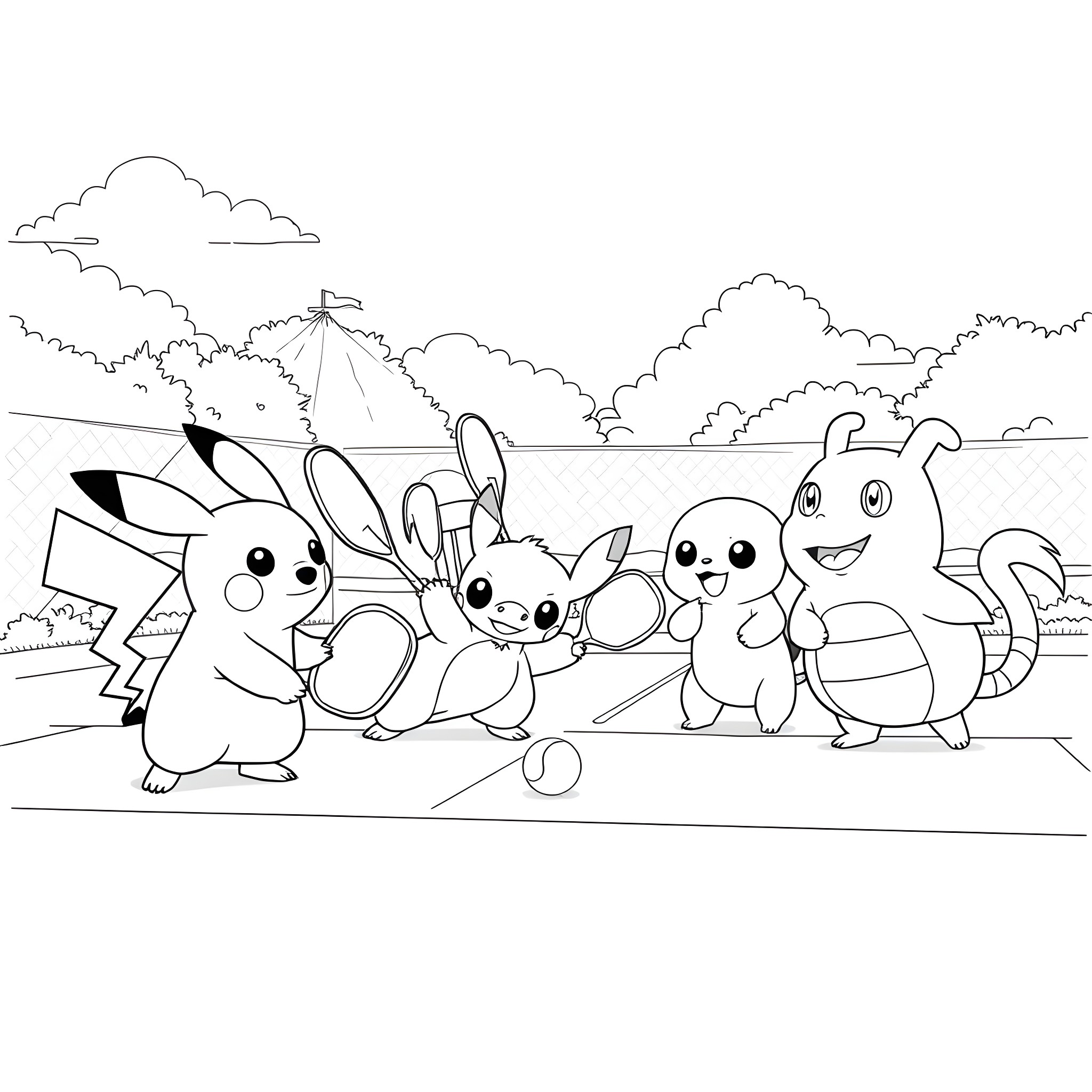 Pikachu and friends playing outdoors Coloring Page (free black-and-white line drawing printable PDF for all, from beginners to advanced learners, including children, teens, adults, and seniors)