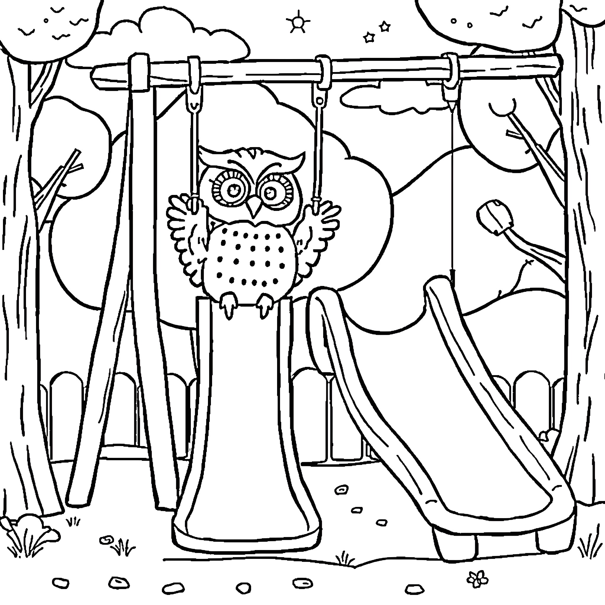 Owl swinging on a playground at night Coloring Page (free black-and-white line drawing printable PDF for all, from beginners to advanced learners, including children, teens, adults, and seniors)
