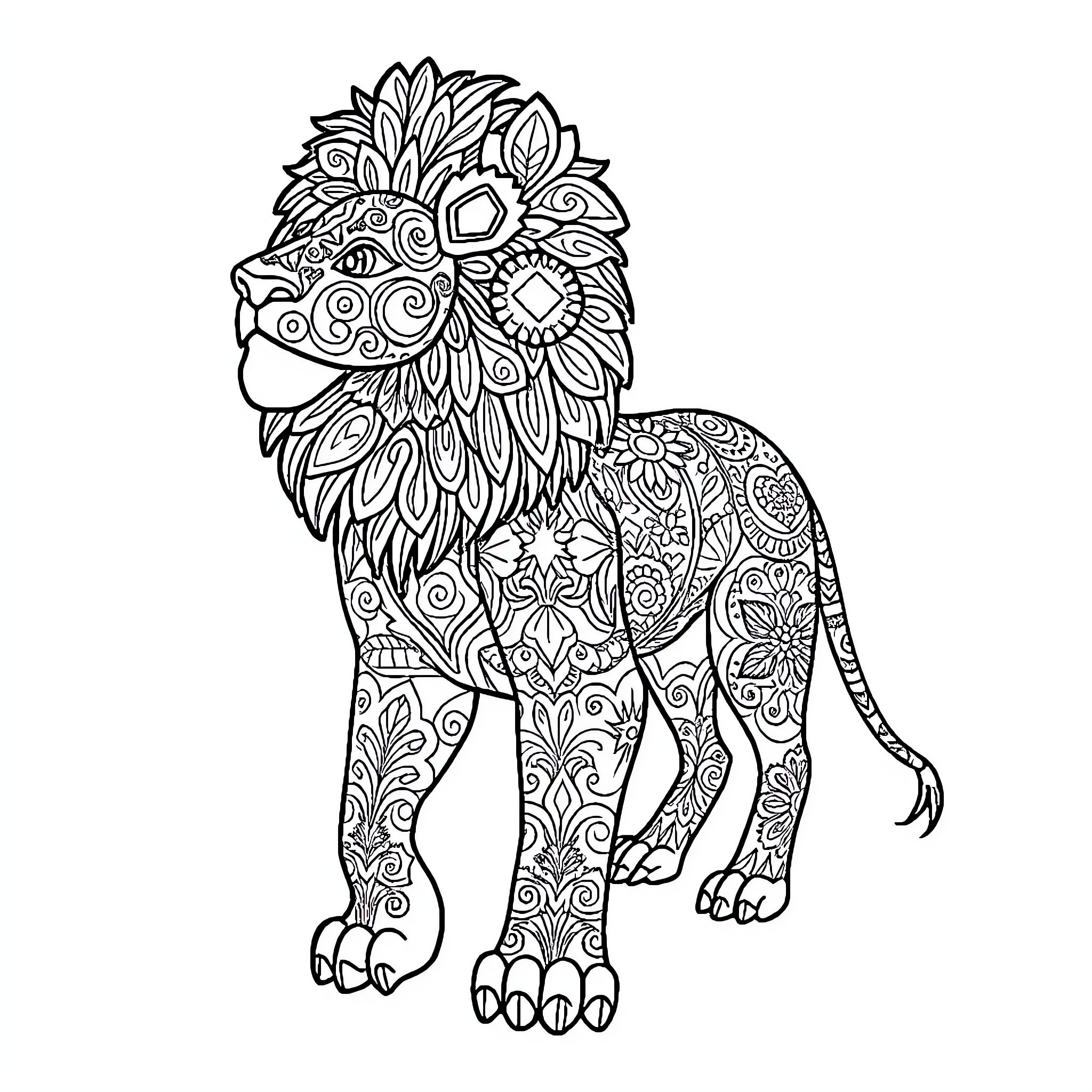 Alebrije lion with ornate design Coloring Page (free black-and-white line drawing printable PDF for all, from beginners to advanced learners, including children, teens, adults, and seniors)