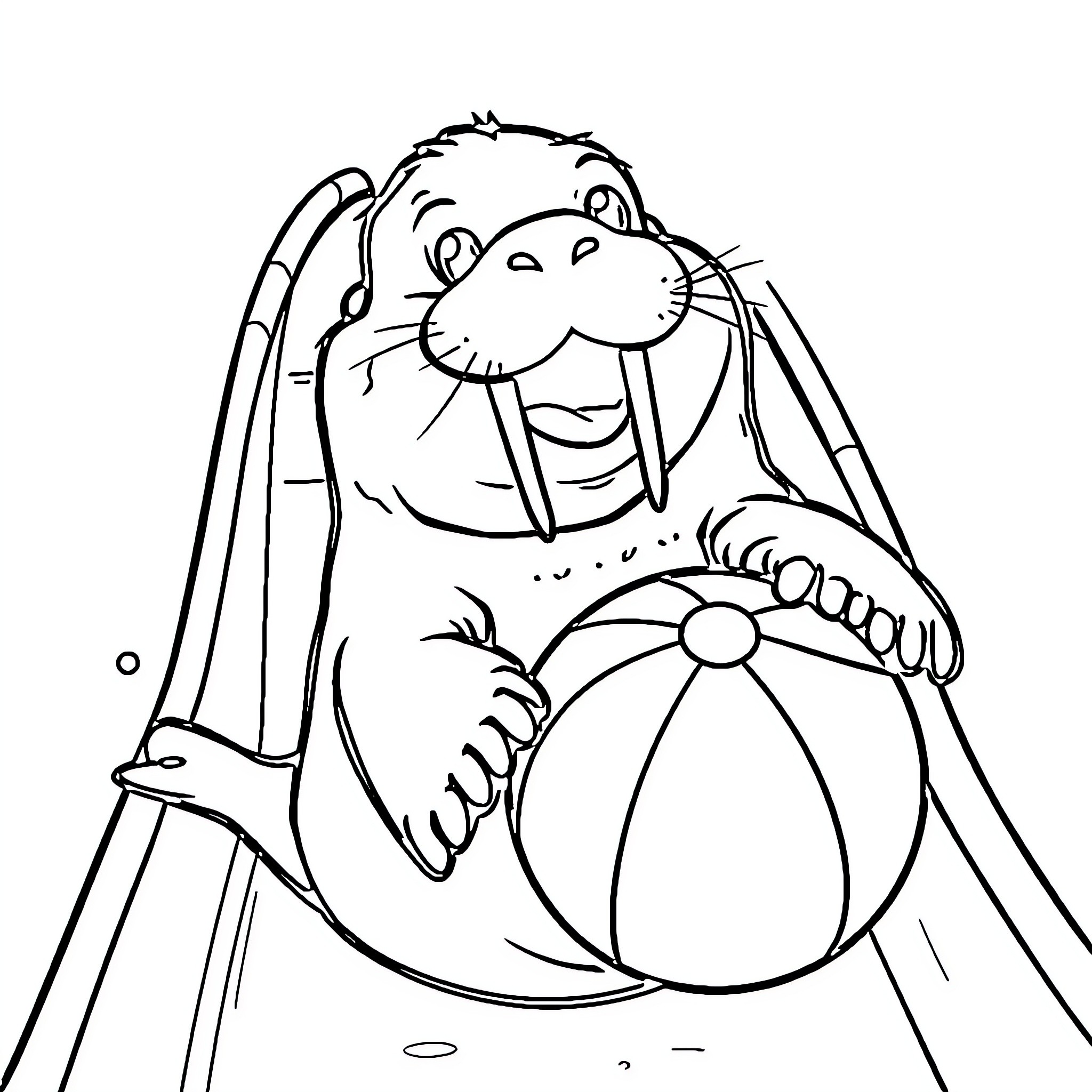 Walrus relaxing with beach ball Coloring Page (free black-and-white line drawing printable PDF for all, from beginners to advanced learners, including children, teens, adults, and seniors)