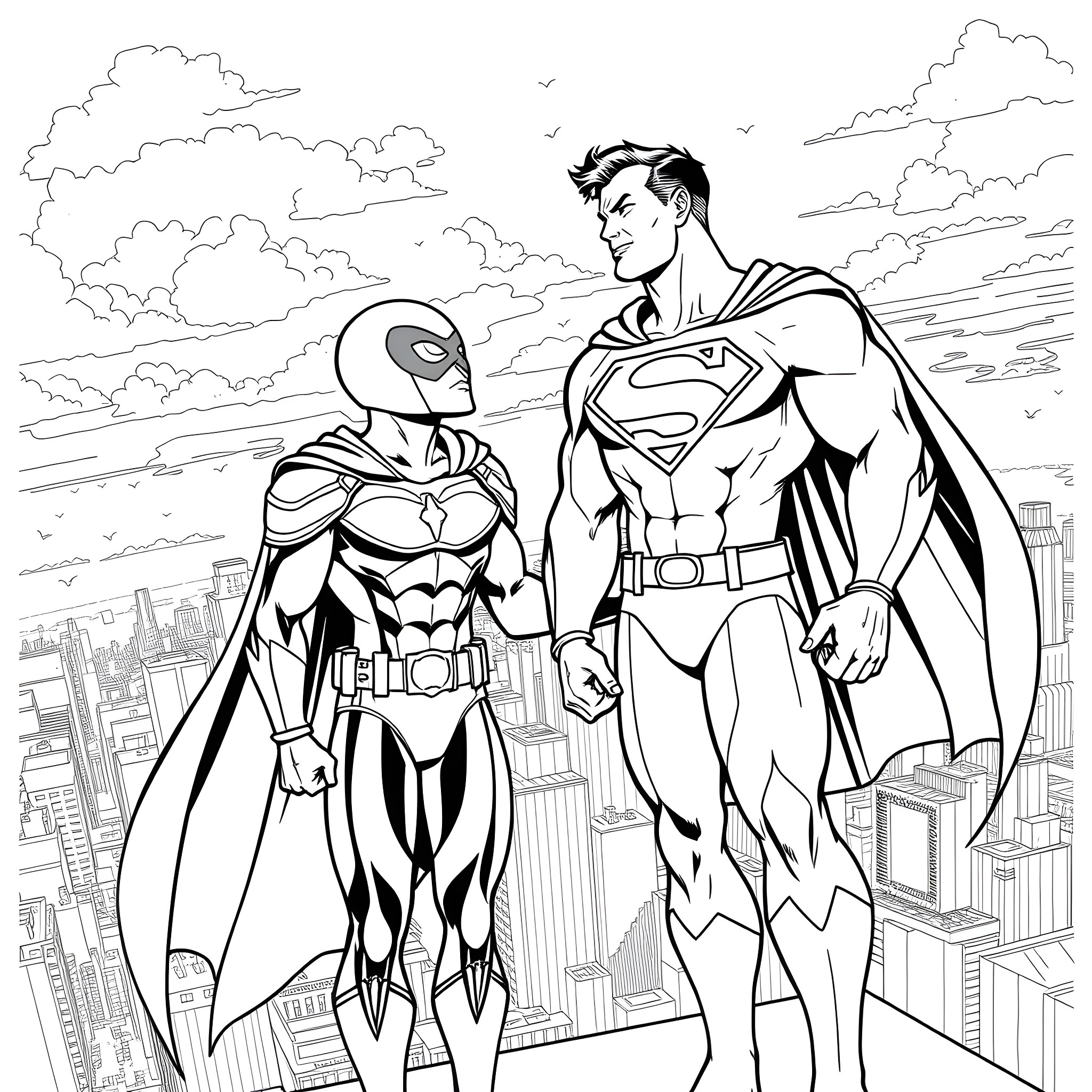 Superman and Spider-Man Superheroes in Action Pose Coloring Page (free black-and-white line drawing printable PDF for all, from beginners to advanced learners, including children, teens, adults, and seniors)