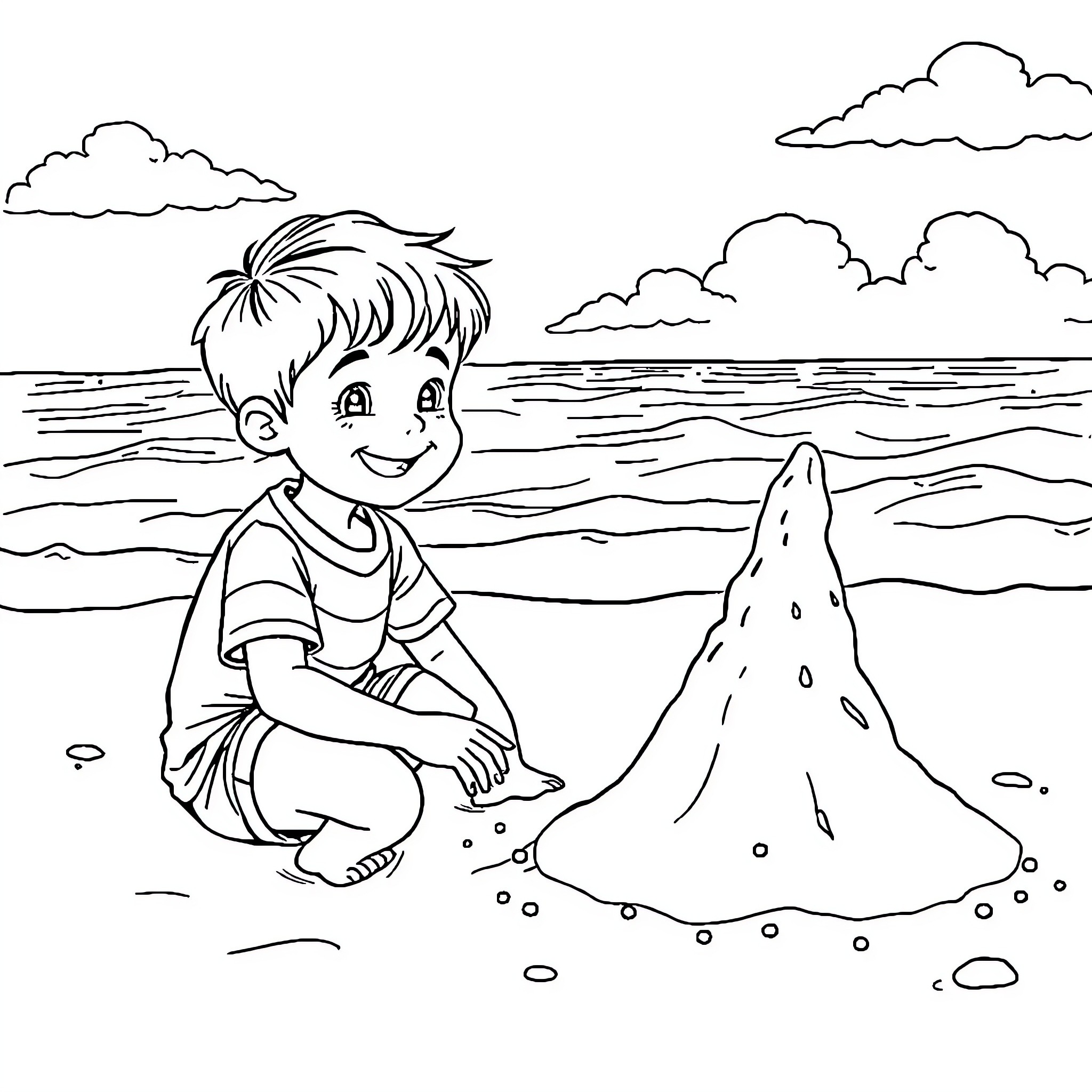 Boy building a sand castle on the beach Coloring Page (free black-and-white line drawing printable PDF for all, from beginners to advanced learners, including children, teens, adults, and seniors)
