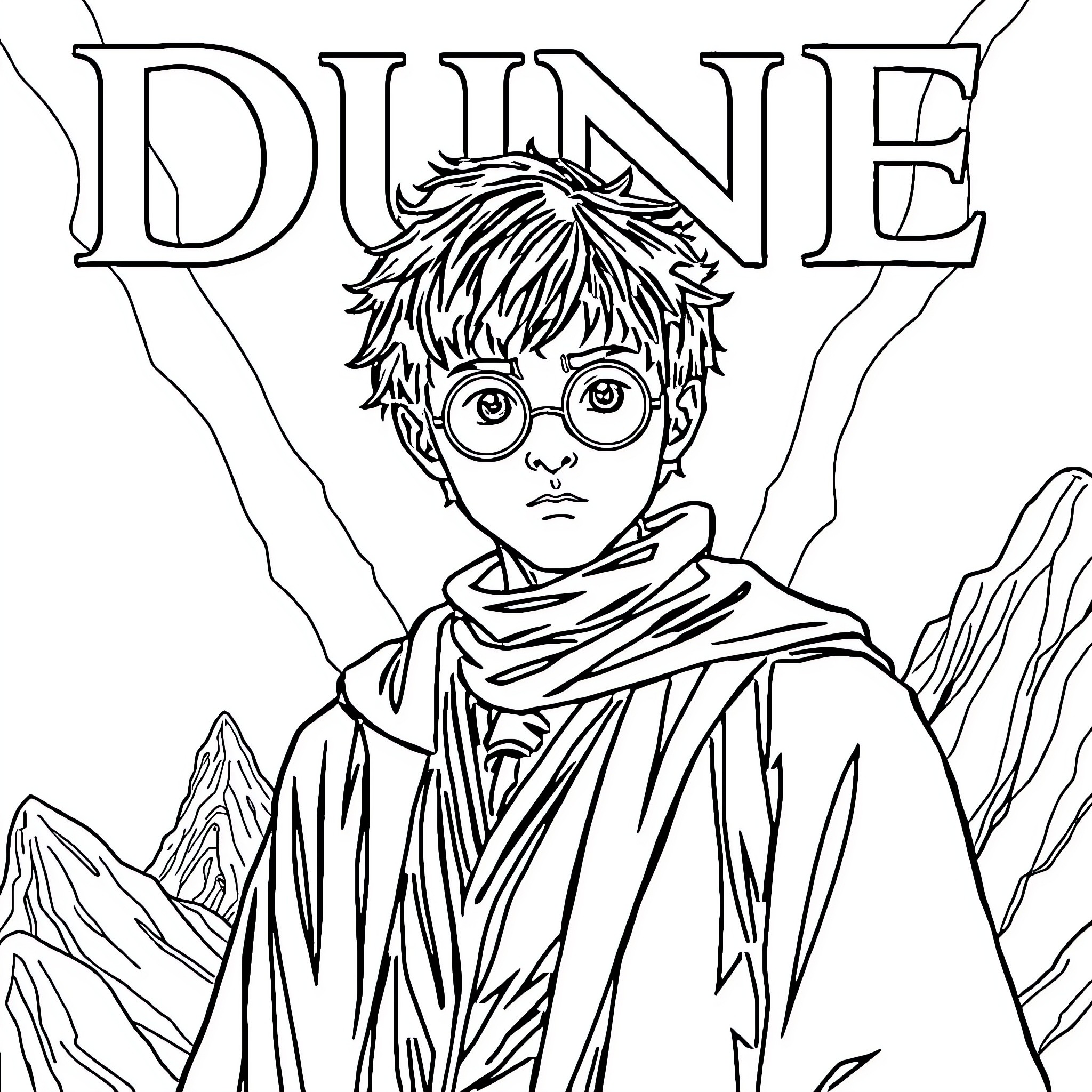 Dune - Protagonist in Dramatic Landscape Coloring Page (free black-and-white line drawing printable PDF for all, from beginners to advanced learners, including children, teens, adults, and seniors)