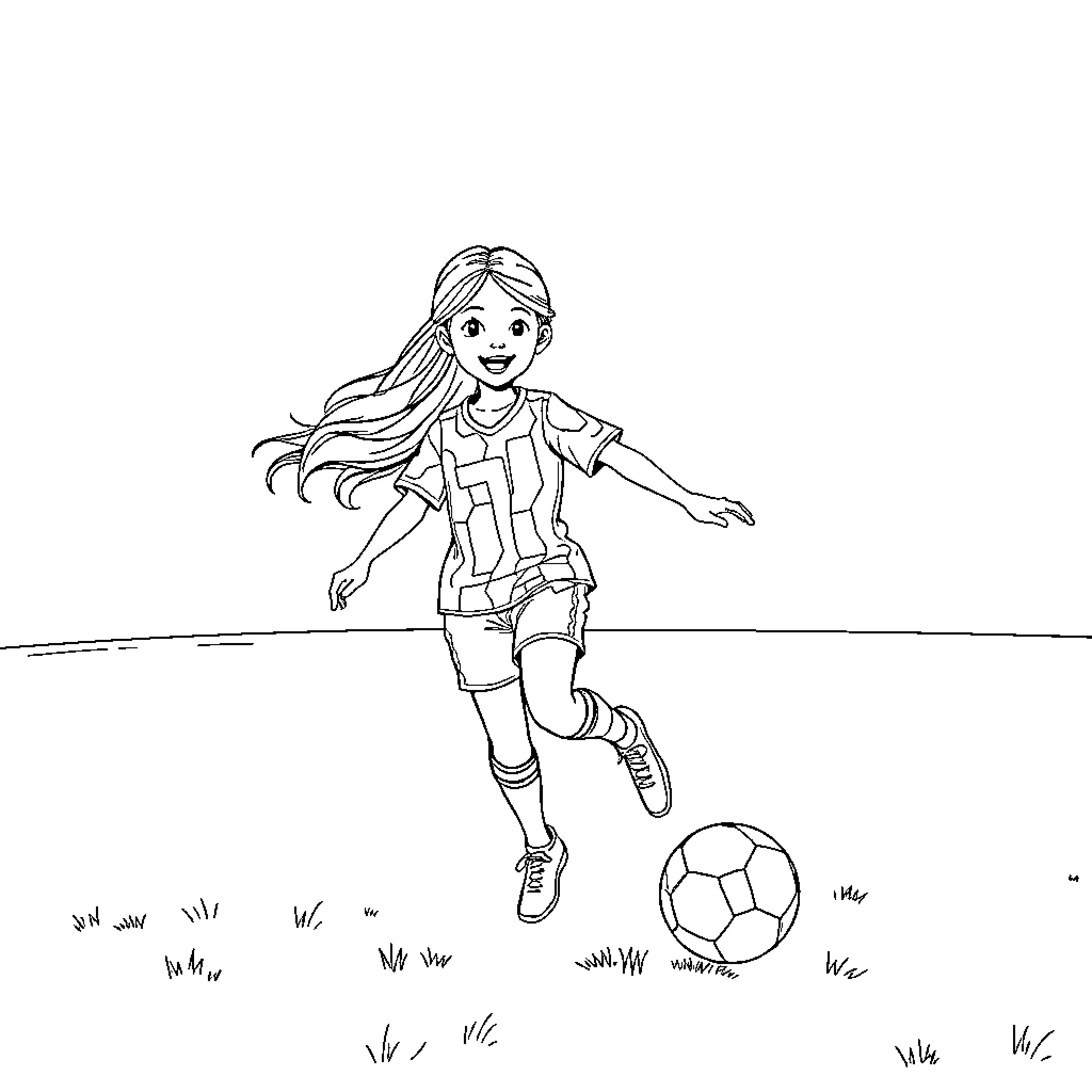 Girl playing soccer joyfully in the field Coloring Page (free black-and-white line drawing printable PDF for all, from beginners to advanced learners, including children, teens, adults, and seniors)