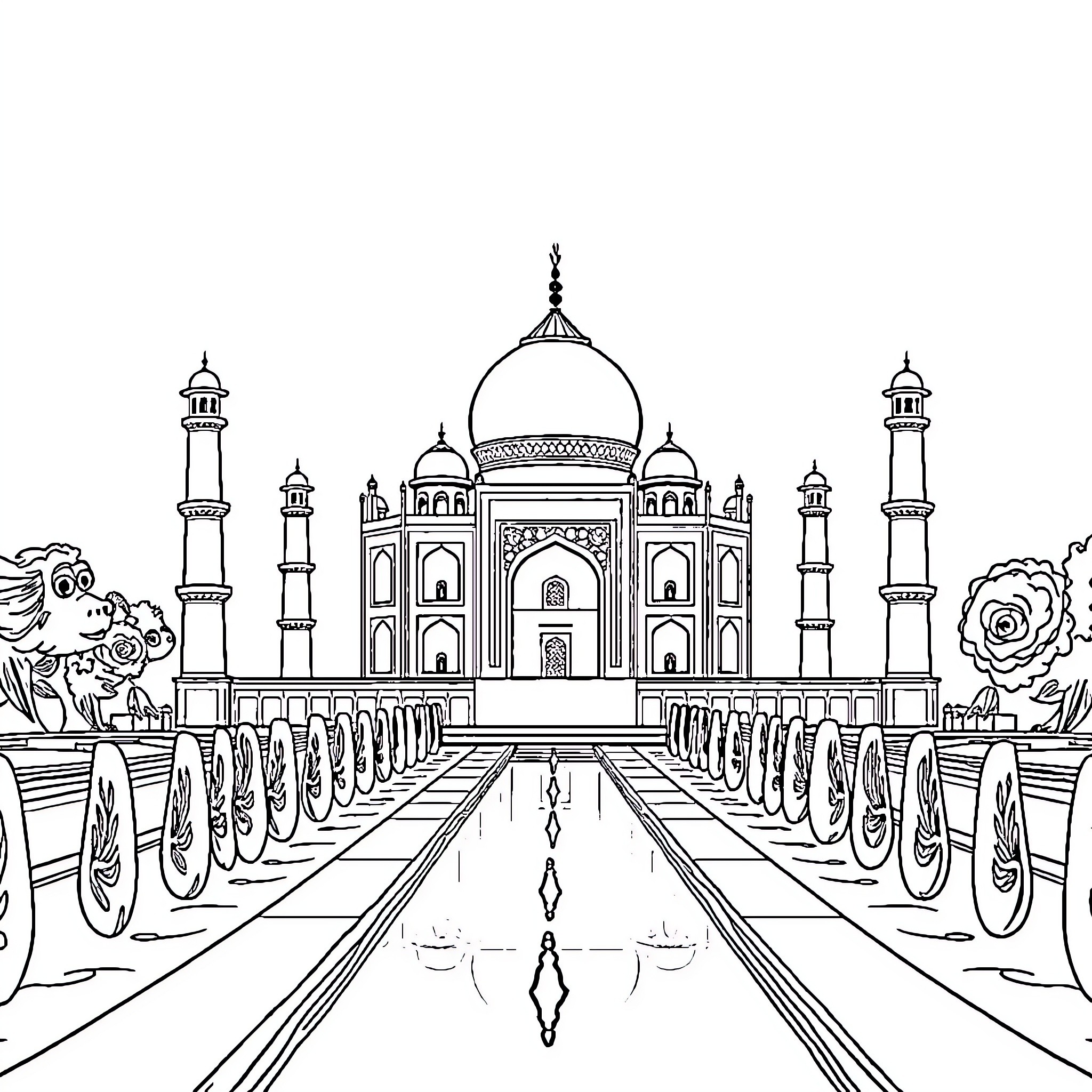 Taj Mahal in serene architectural grandeur Coloring Page (free black-and-white line drawing printable PDF for all, from beginners to advanced learners, including children, teens, adults, and seniors)